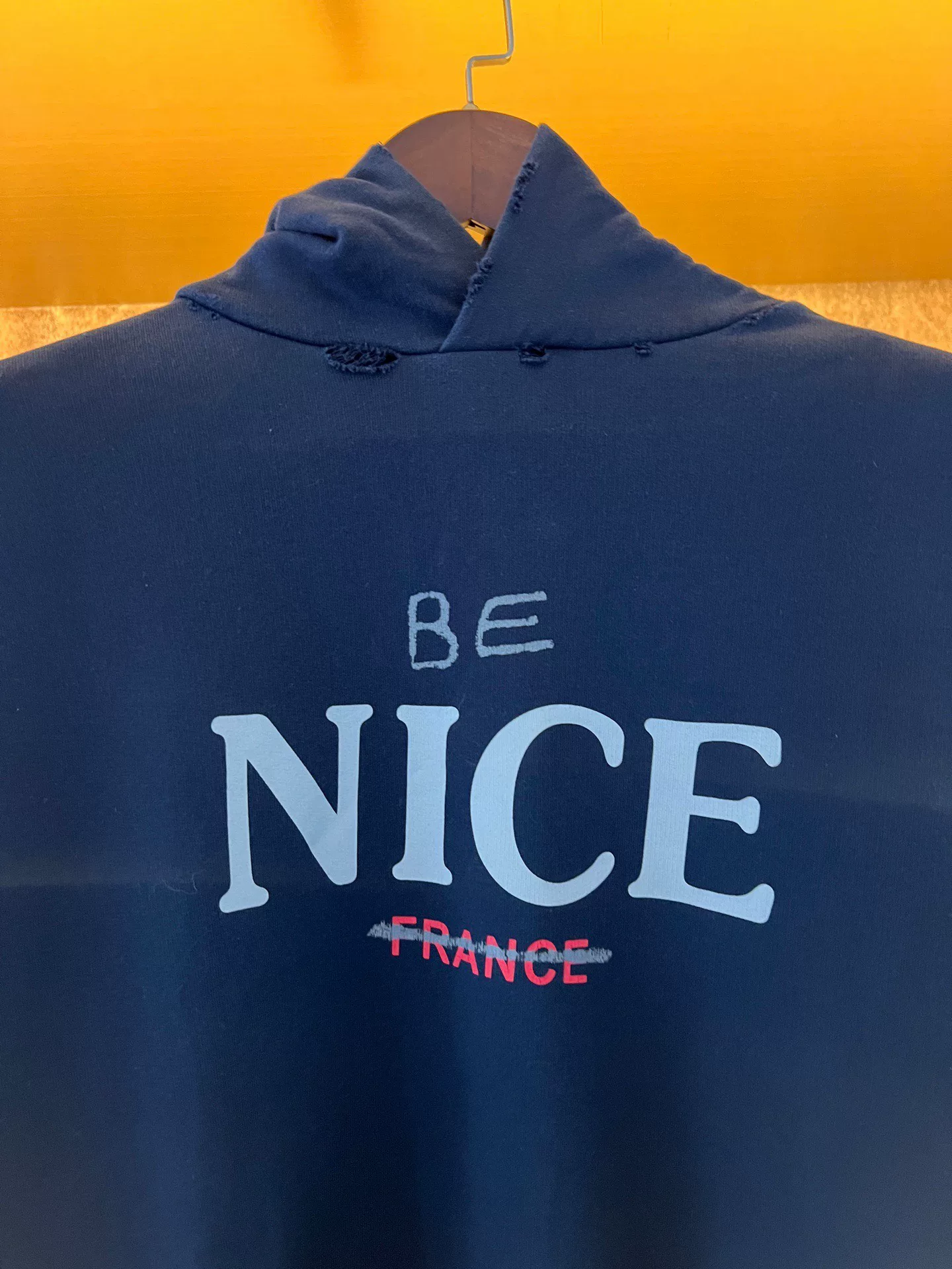 Balenciaga BE NICE FRANCE Dark Blue Hoodie — detail