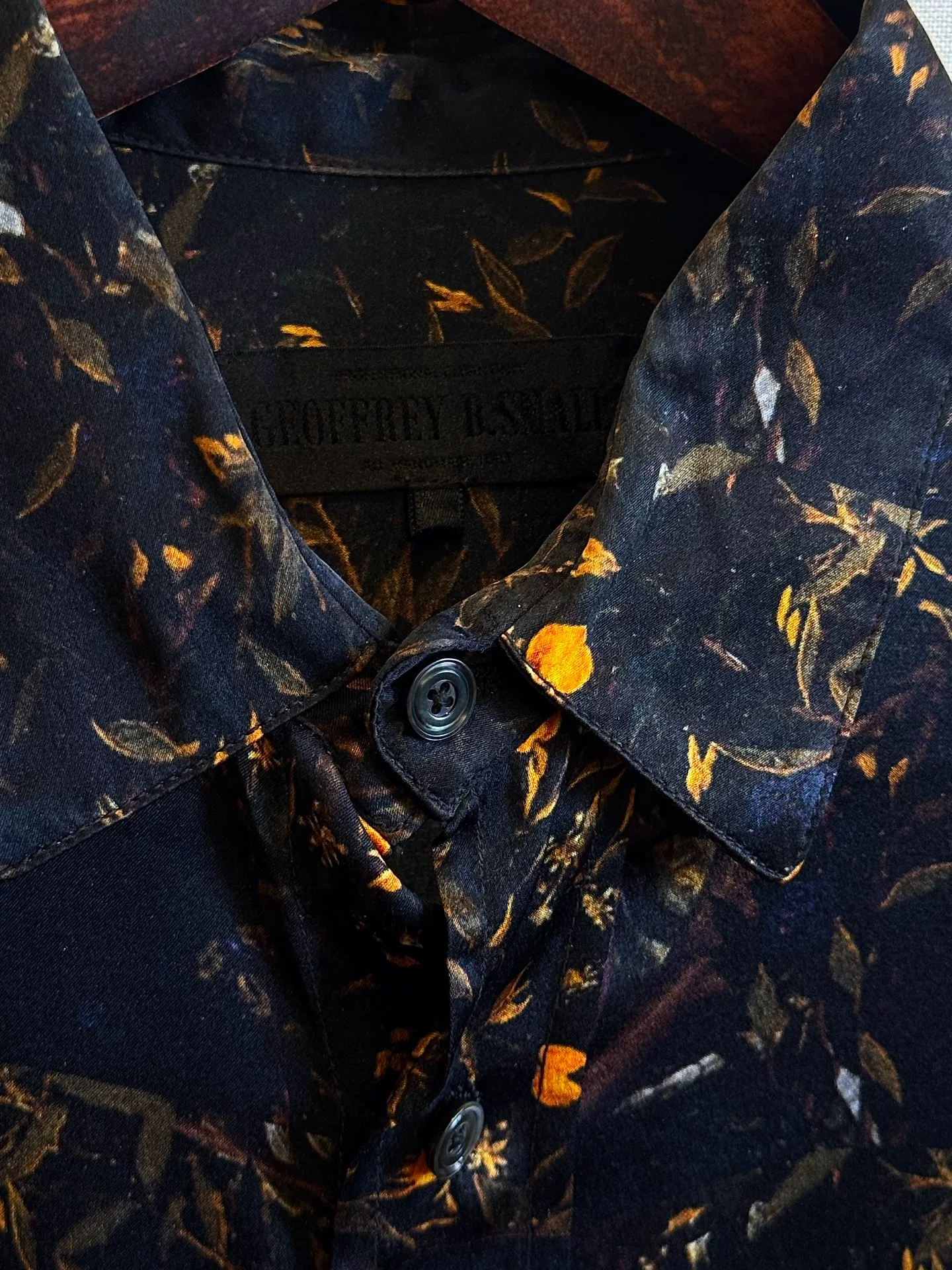 Geoffrey B Small Silk Orange Print Shirt — detail