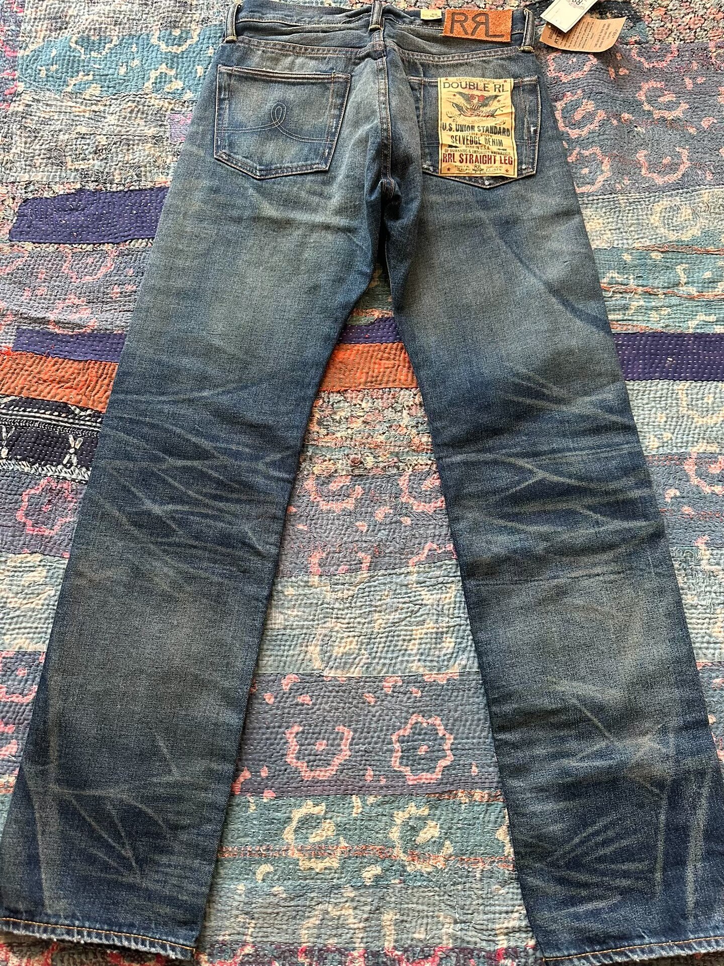RRL Blue Distressed Straight-Leg Jeans — front