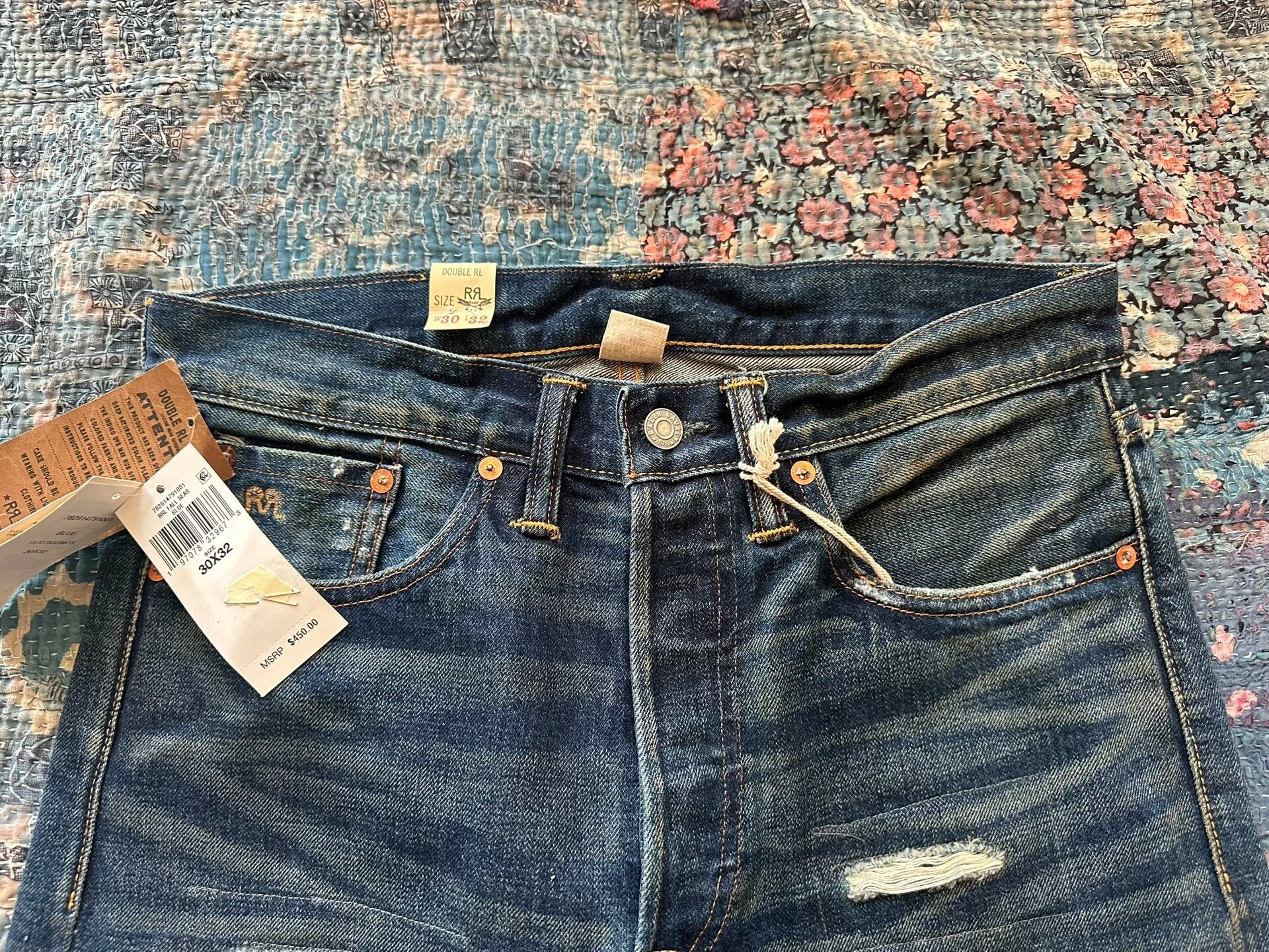 RRL Blue Distressed Straight-Leg Jeans — detail