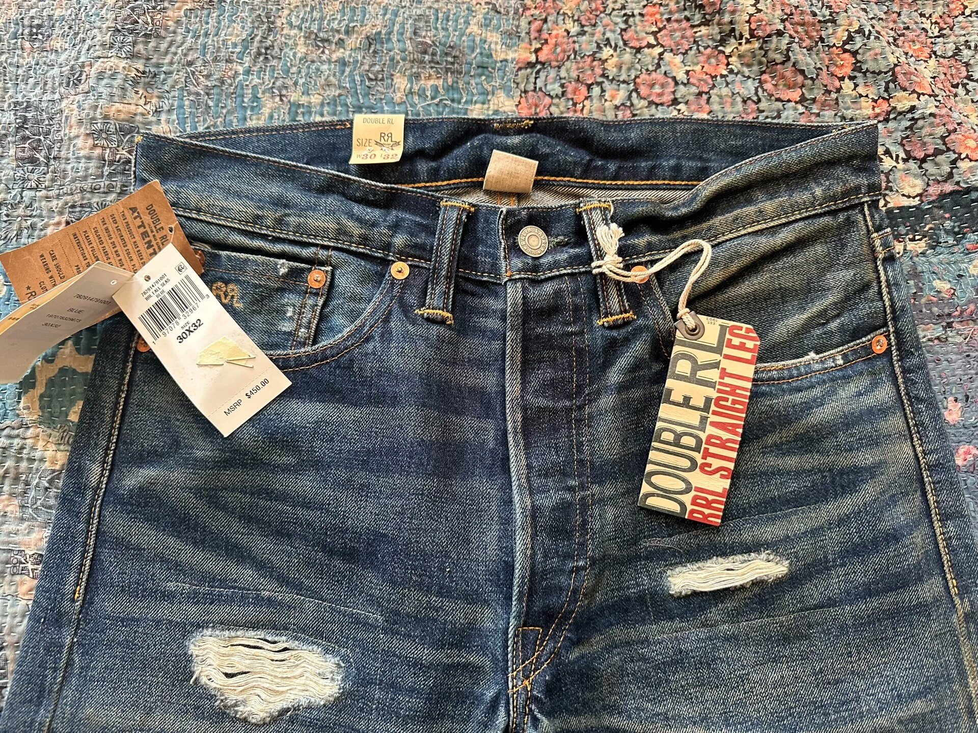 RRL Blue Distressed Straight-Leg Jeans — label