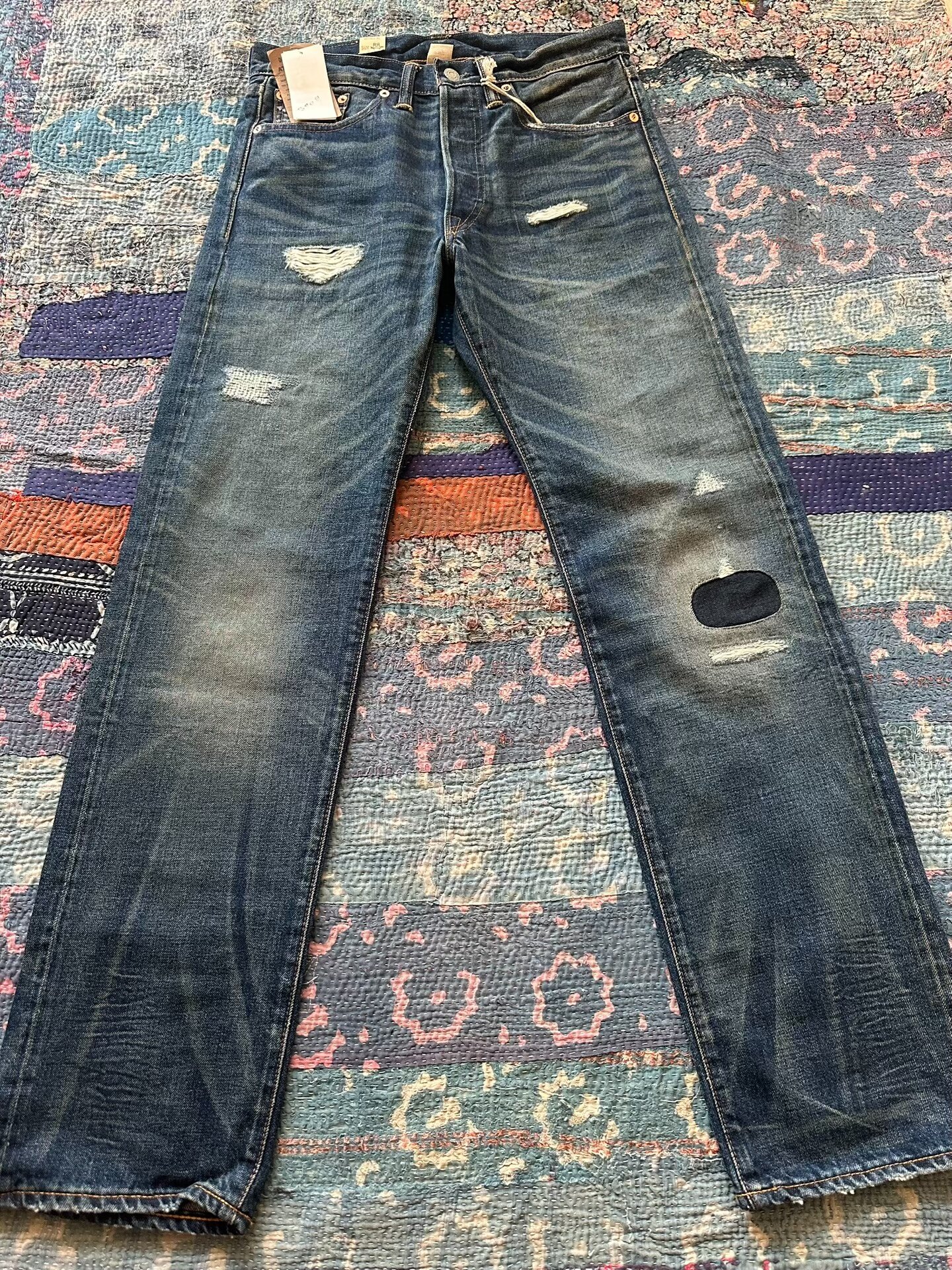 RRL Blue Distressed Straight-Leg Jeans