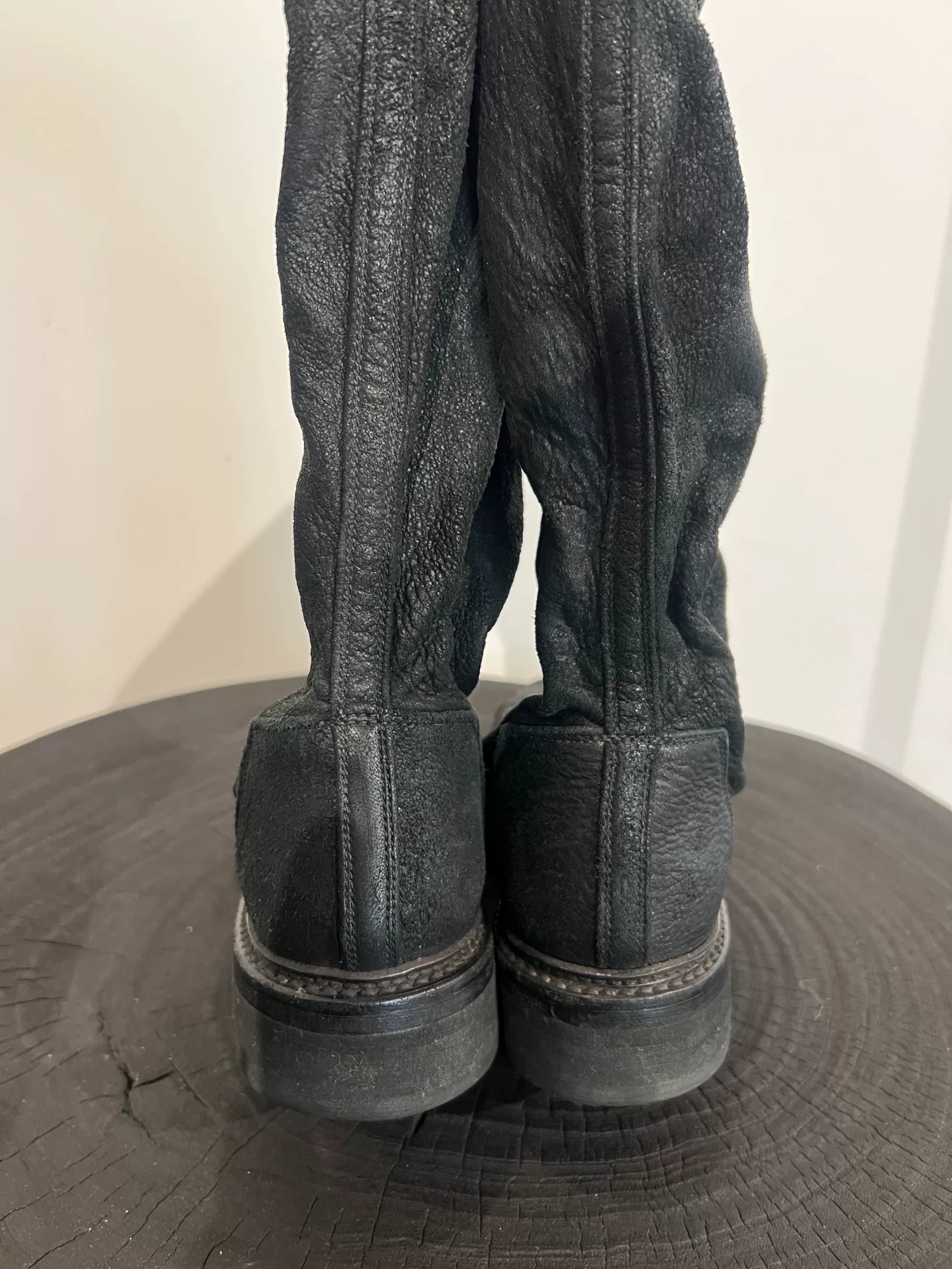 Rick Owens Cracked Sheepskin Mid-Calf Boots — label