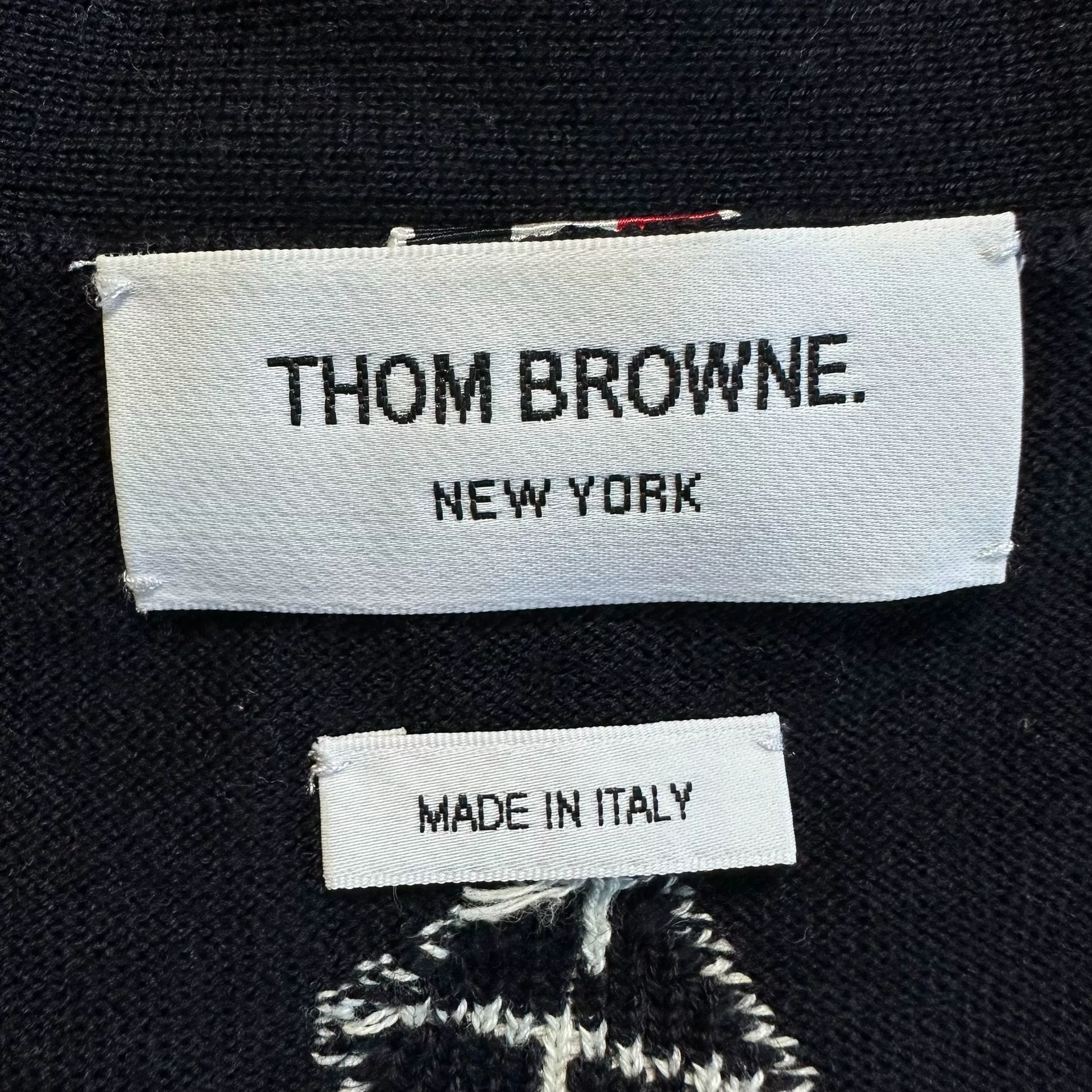Thom Browne Navy Wool Cardigan w/ Prints & Stripes — back