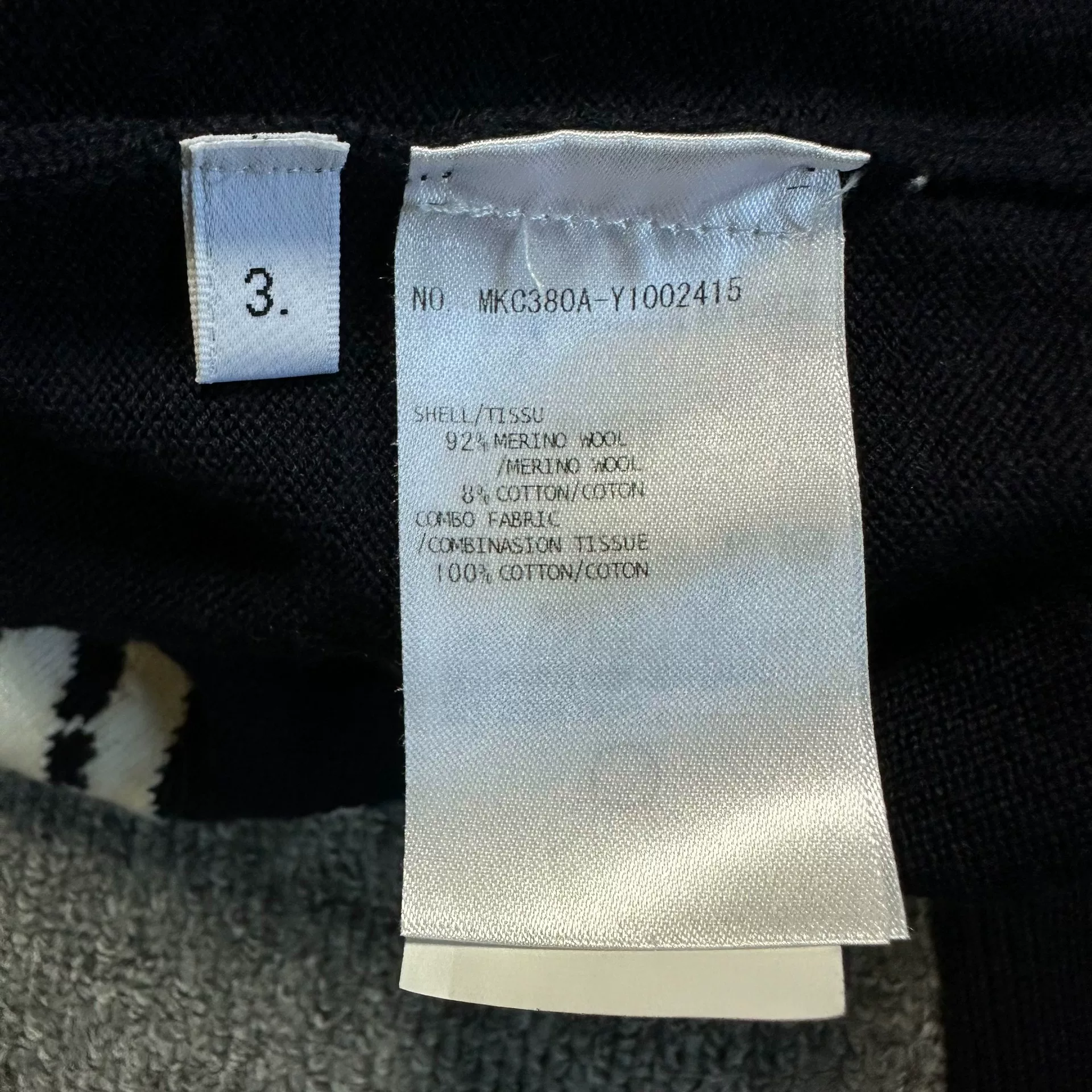 Thom Browne Navy Wool Cardigan w/ Prints & Stripes — label