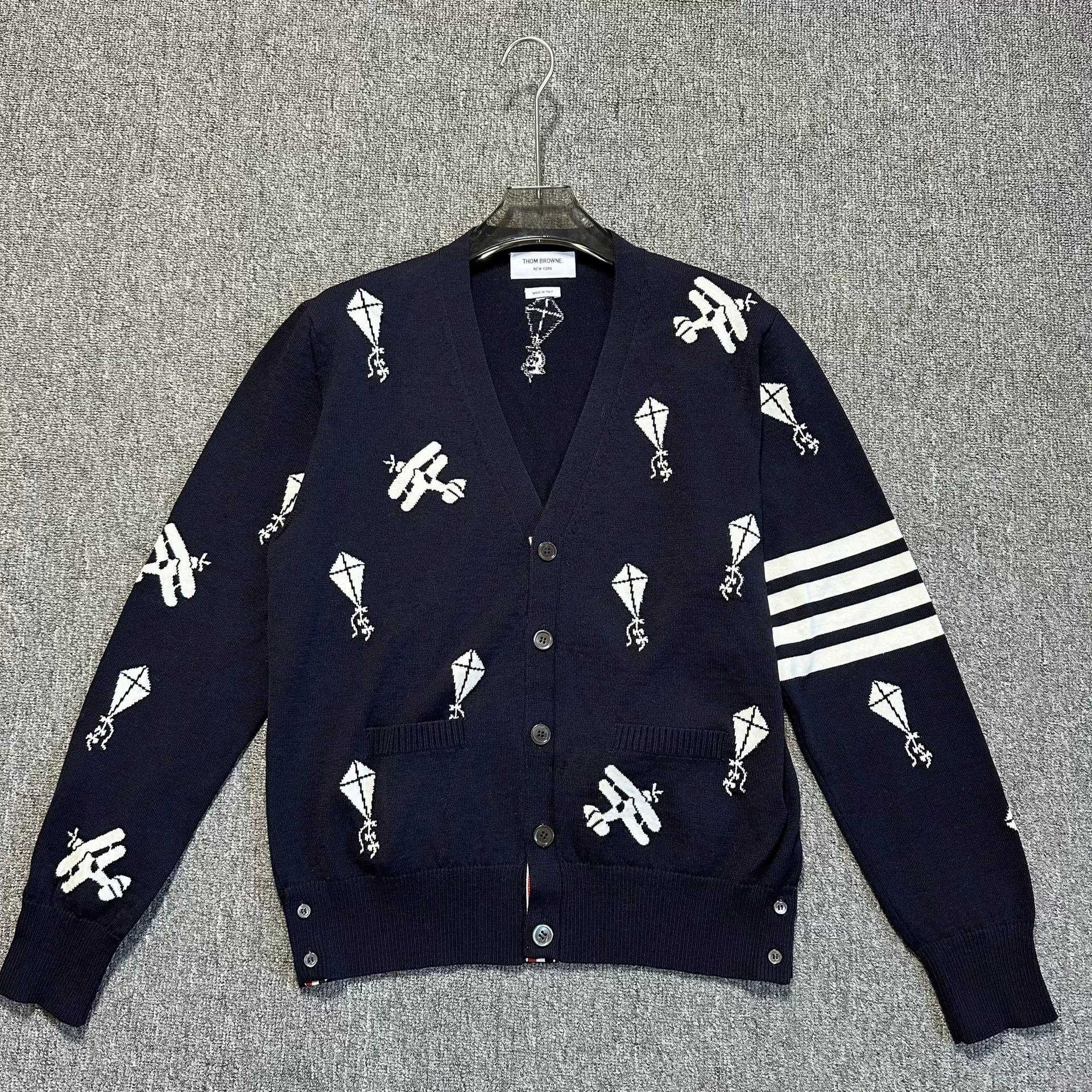 Thom Browne Navy Wool Cardigan w/ Prints & Stripes