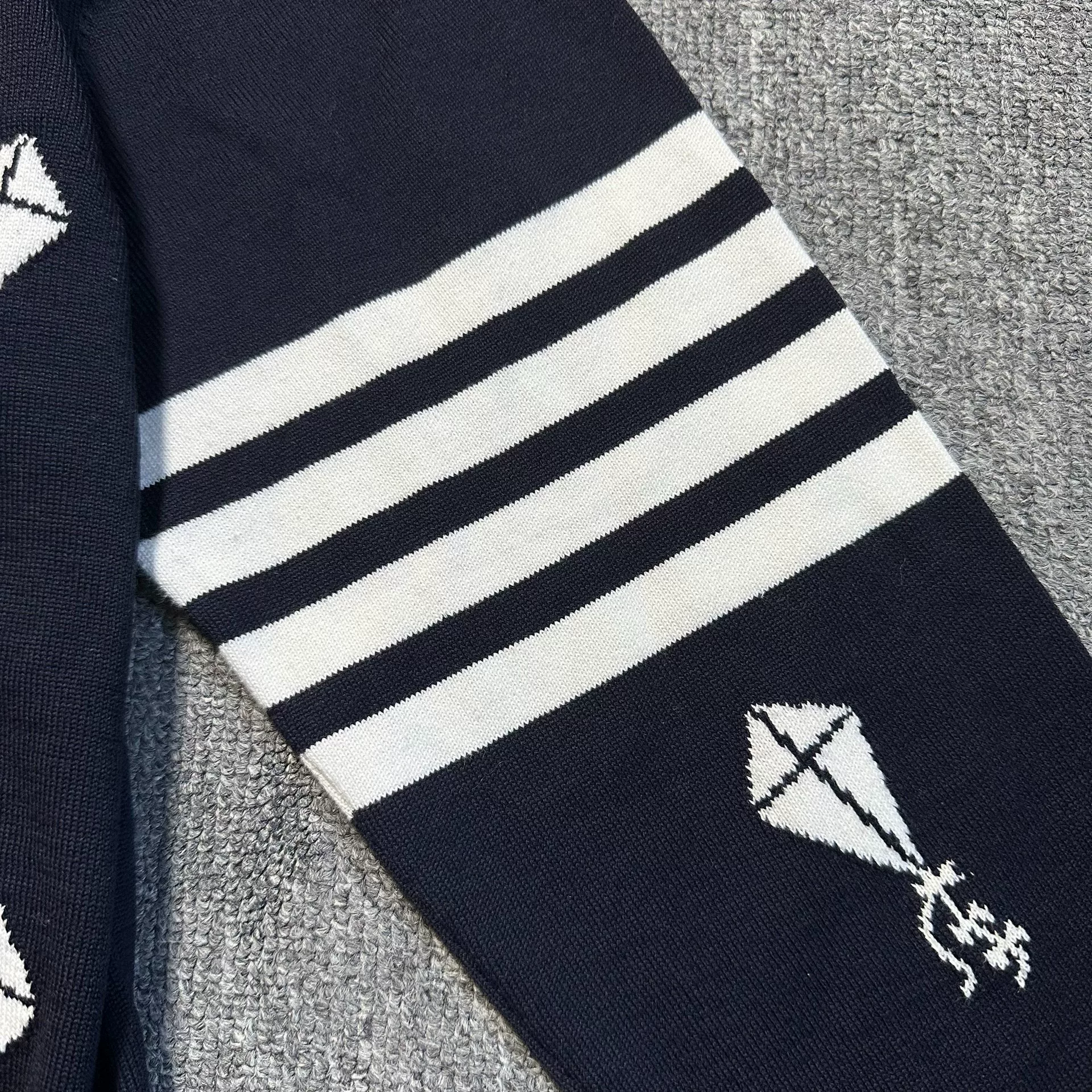 Thom Browne Navy Wool Cardigan w/ Prints & Stripes — front