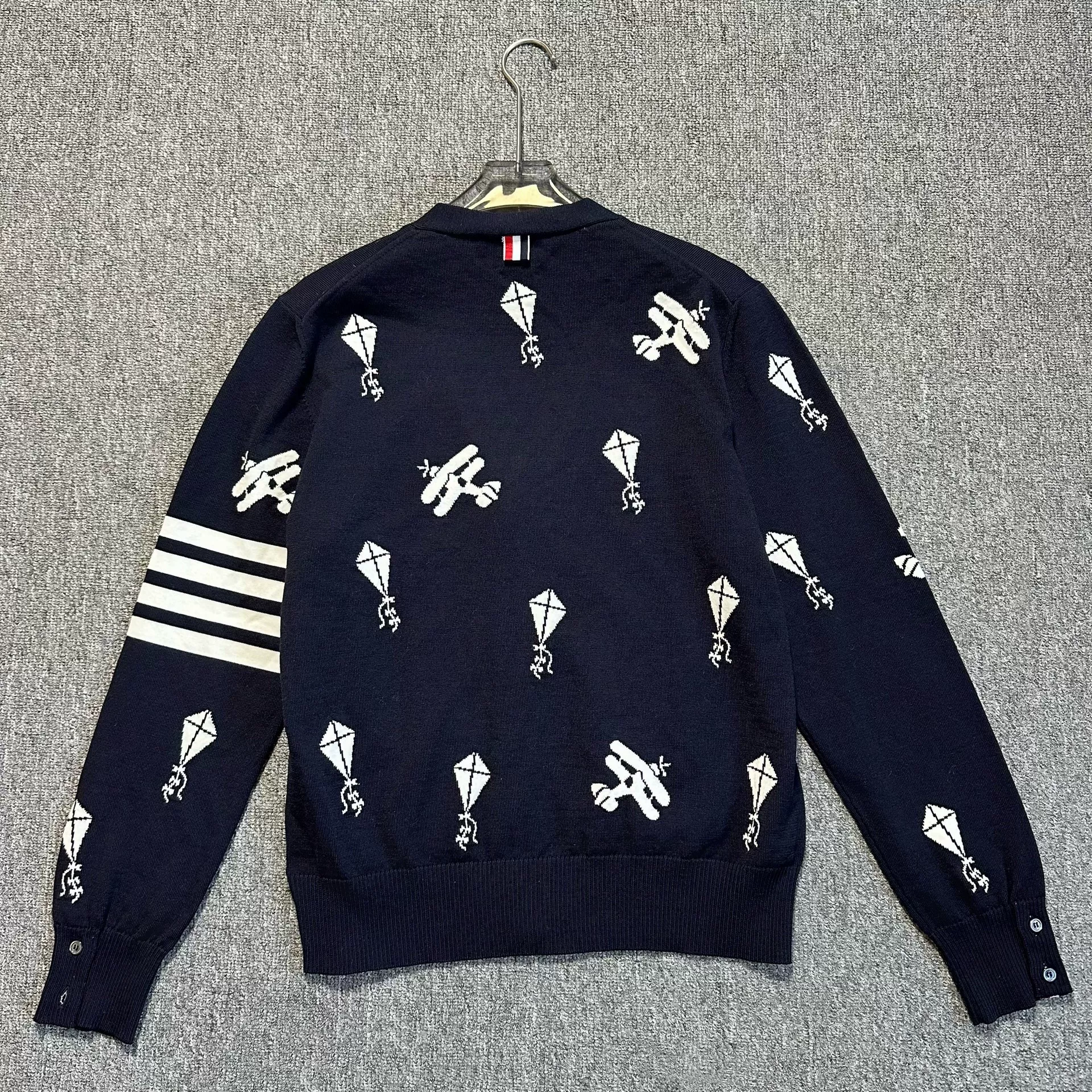 Thom Browne Navy Wool Cardigan w/ Prints & Stripes — detail