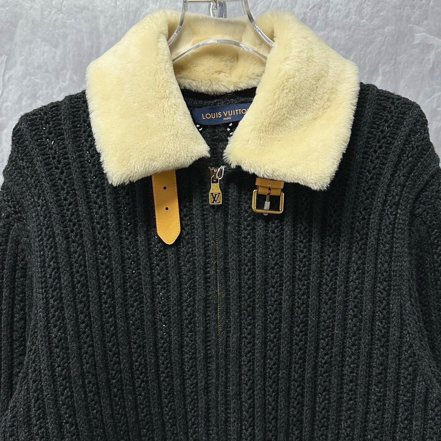 Louis Vuitton SS26 Black Fur Collar Coat — front