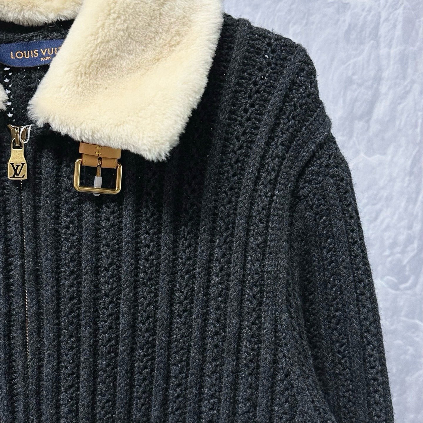 Louis Vuitton SS26 Black Fur Collar Coat — detail
