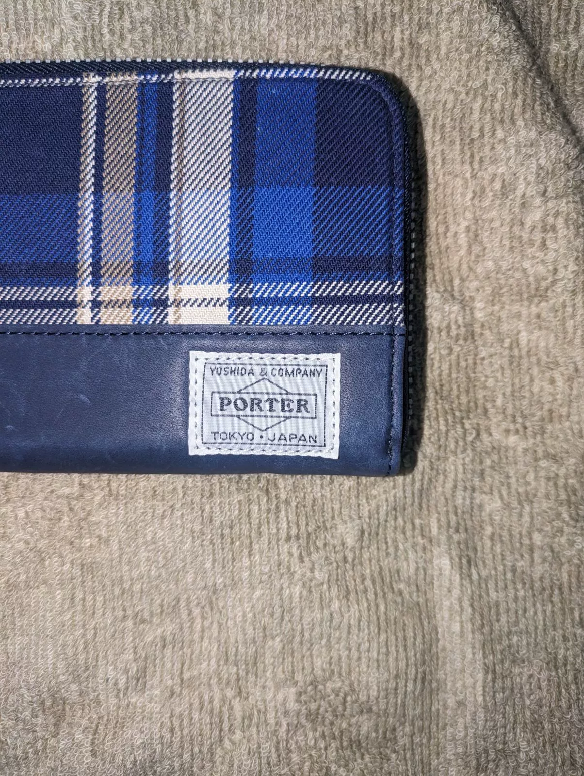 PORTER Blue Plaid Navy Leather Wallet — detail