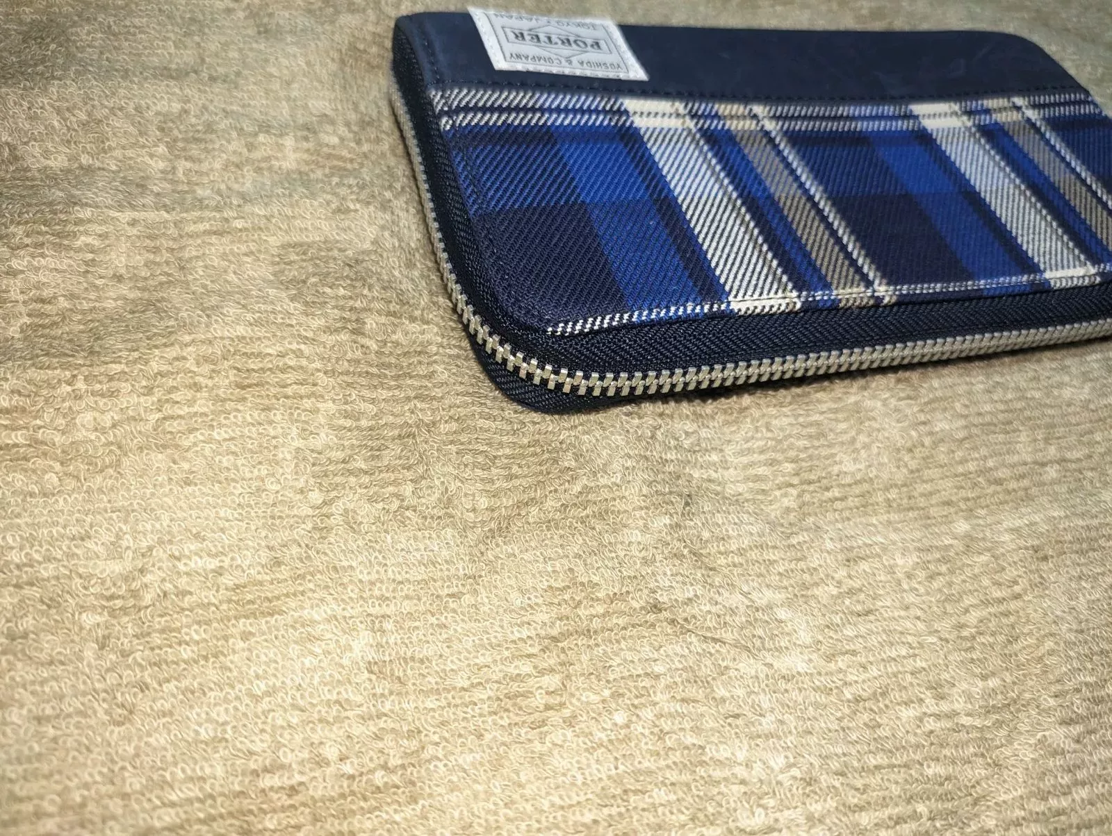 PORTER Blue Plaid Navy Leather Wallet — label