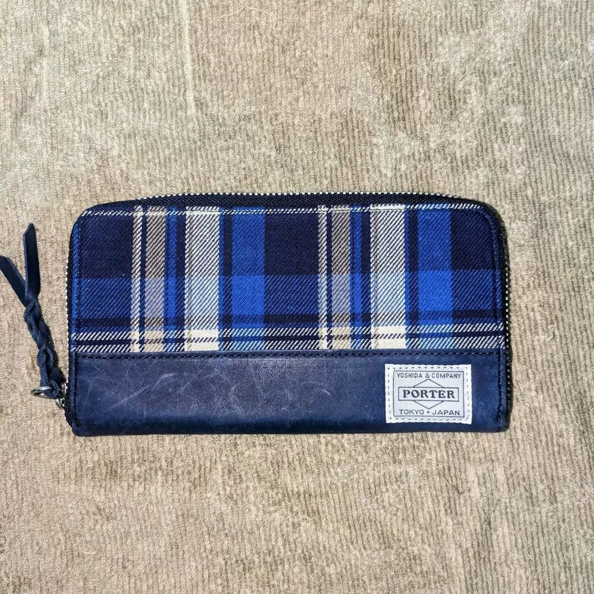PORTER Blue Plaid Navy Leather Wallet
