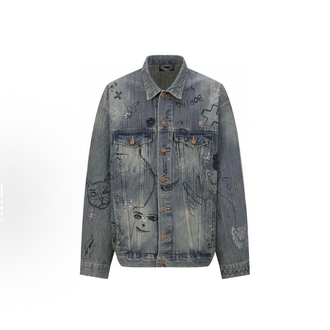 Balenciaga Distressed Graffiti Rhinestone Denim Jacket