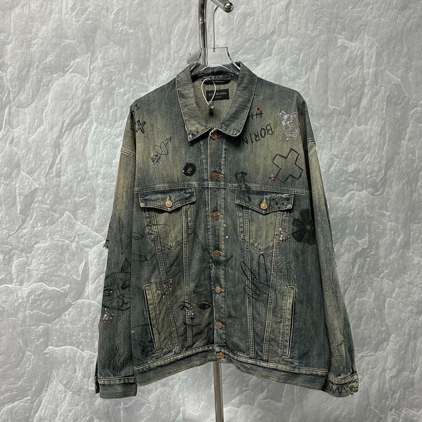 Balenciaga Distressed Graffiti Rhinestone Denim Jacket — front
