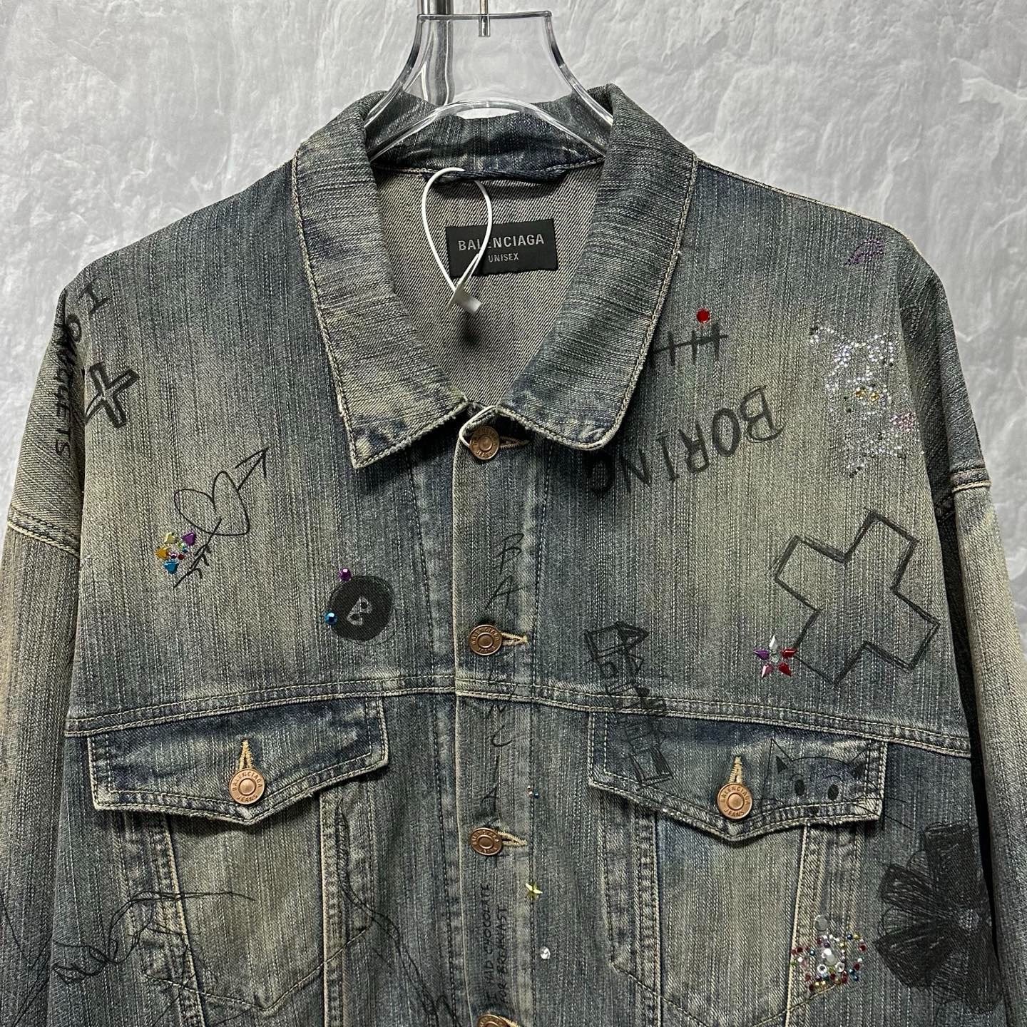 Balenciaga Distressed Graffiti Rhinestone Denim Jacket — detail