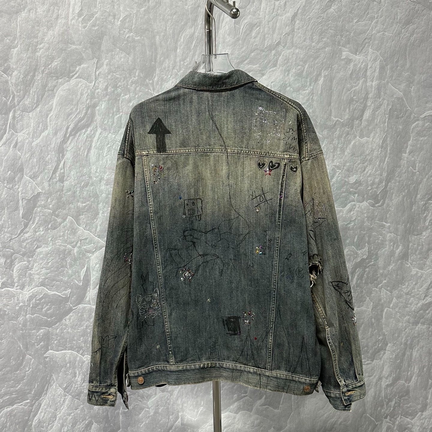 Balenciaga Distressed Graffiti Rhinestone Denim Jacket — back