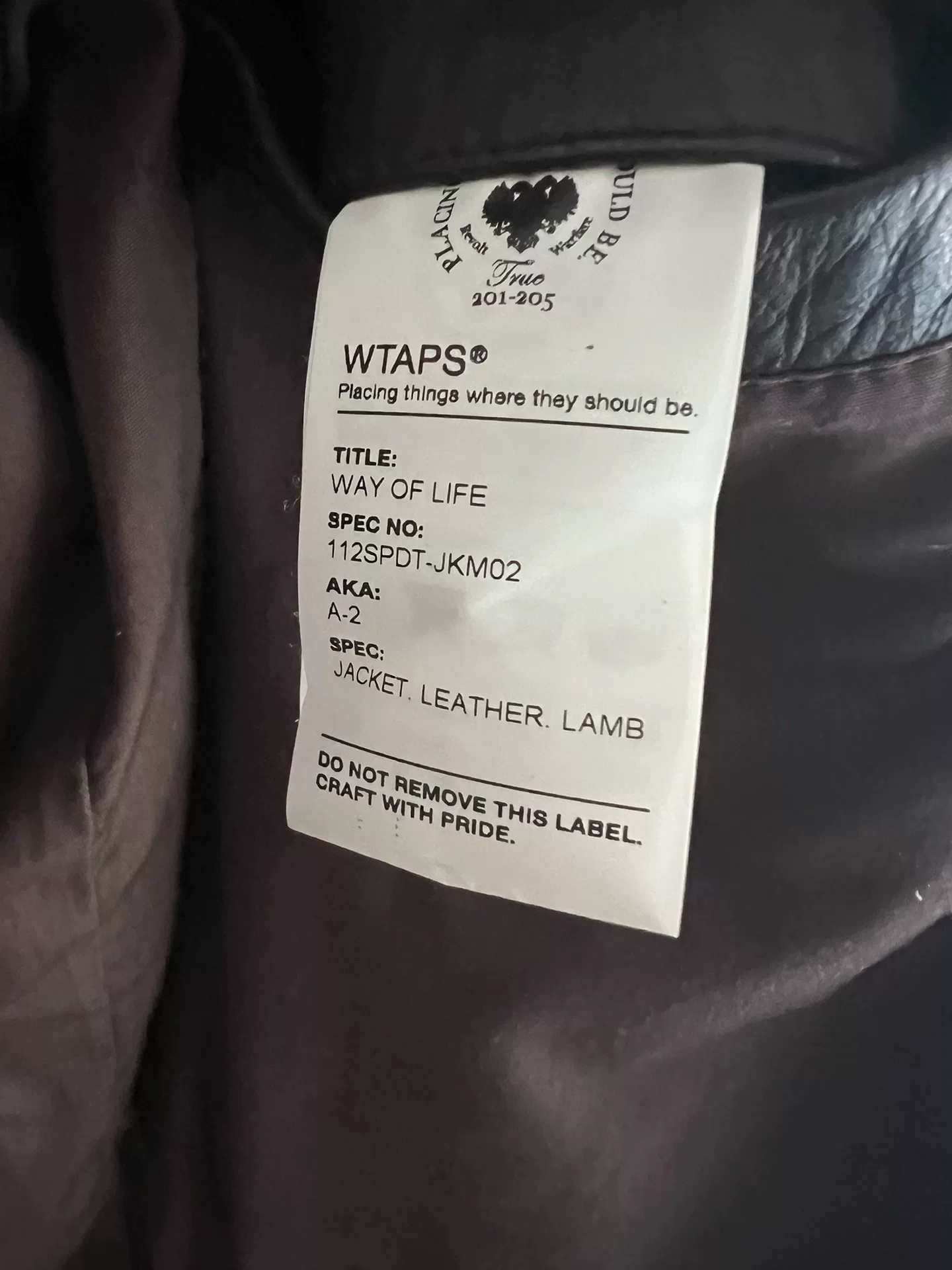 WTAPS A2 Sheepskin Leather Jacket — label