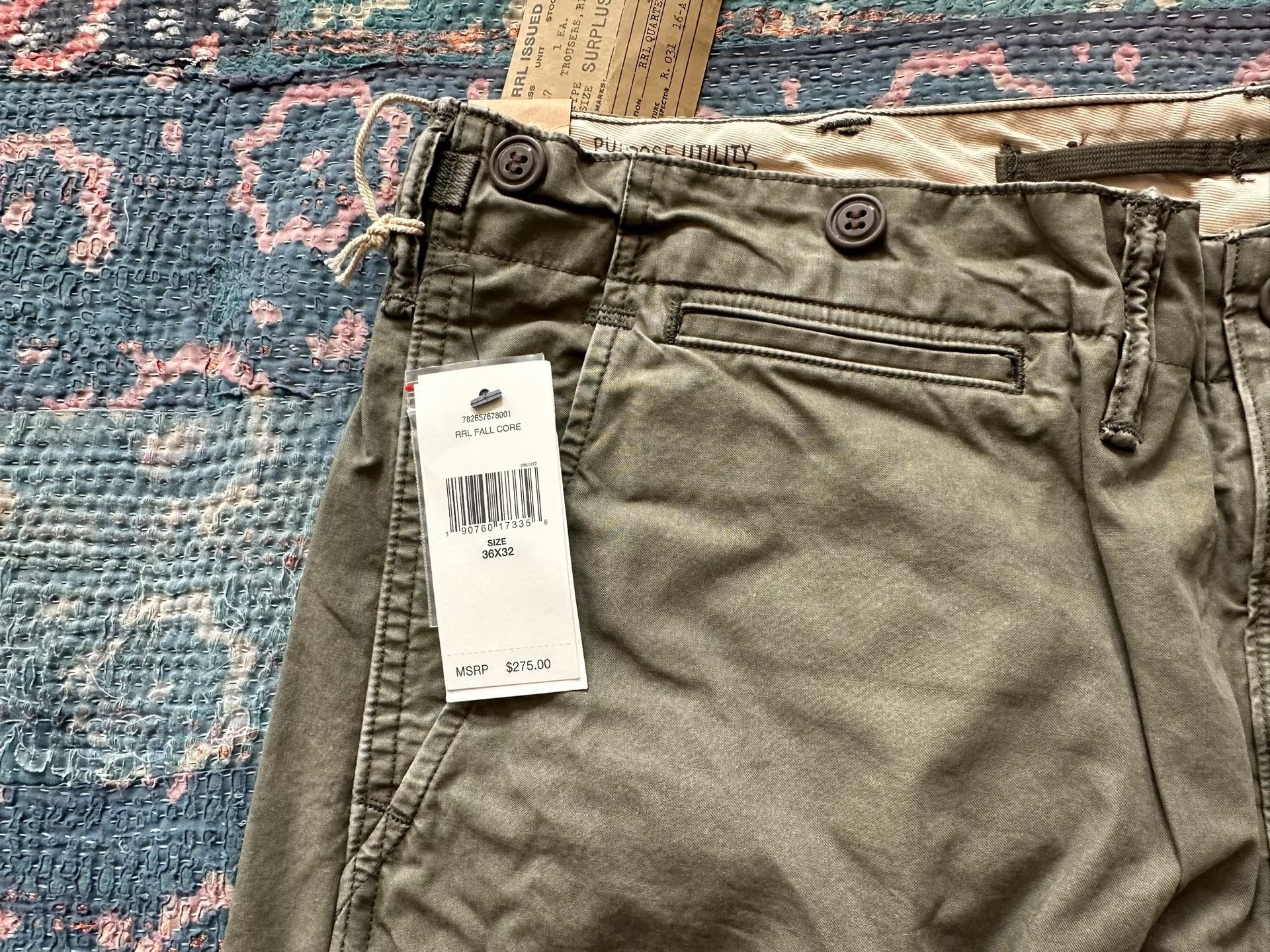 RRL Olive Green Cargo Work Pants — detail