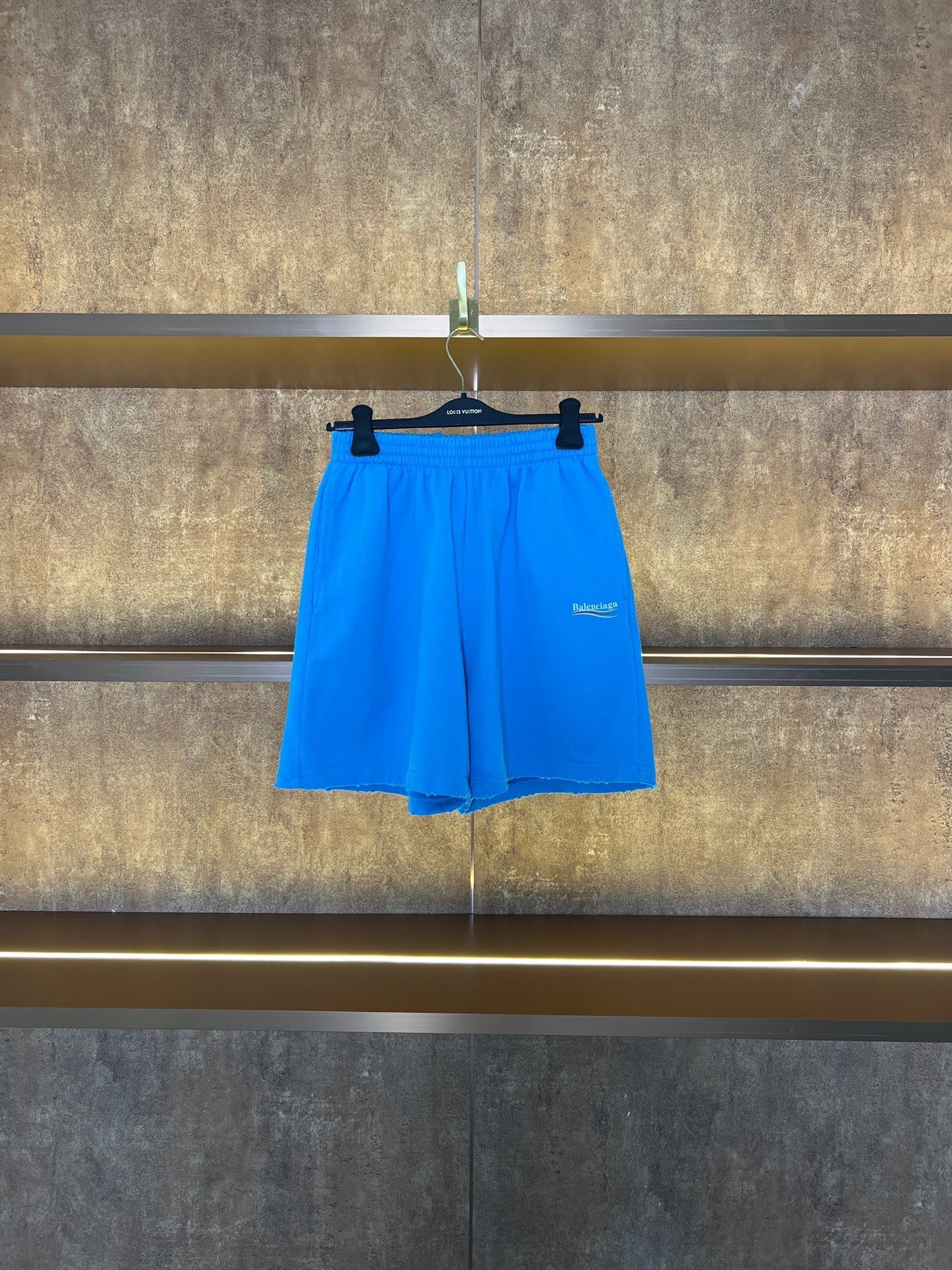 Balenciaga Blue Distressed Logo Shorts