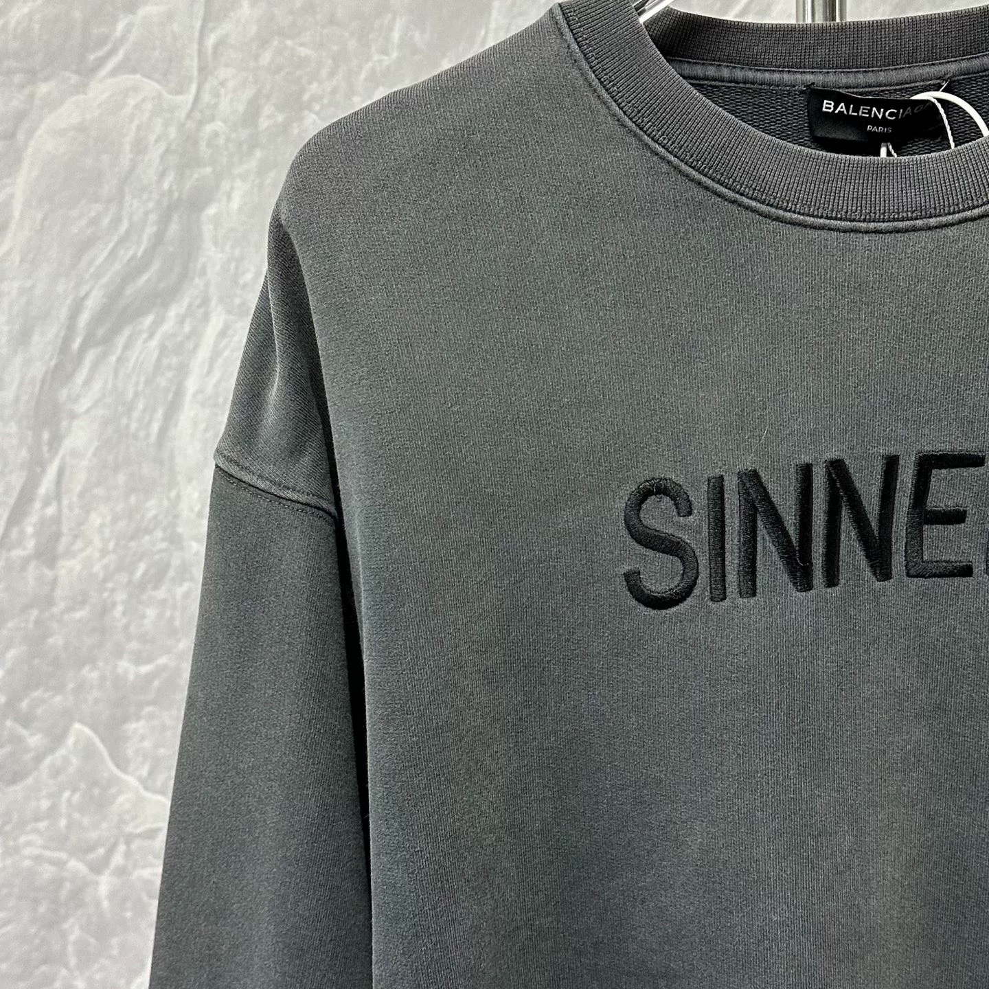 Balenciaga Distressed Washed Gray Embroidered Sweatshirt — detail
