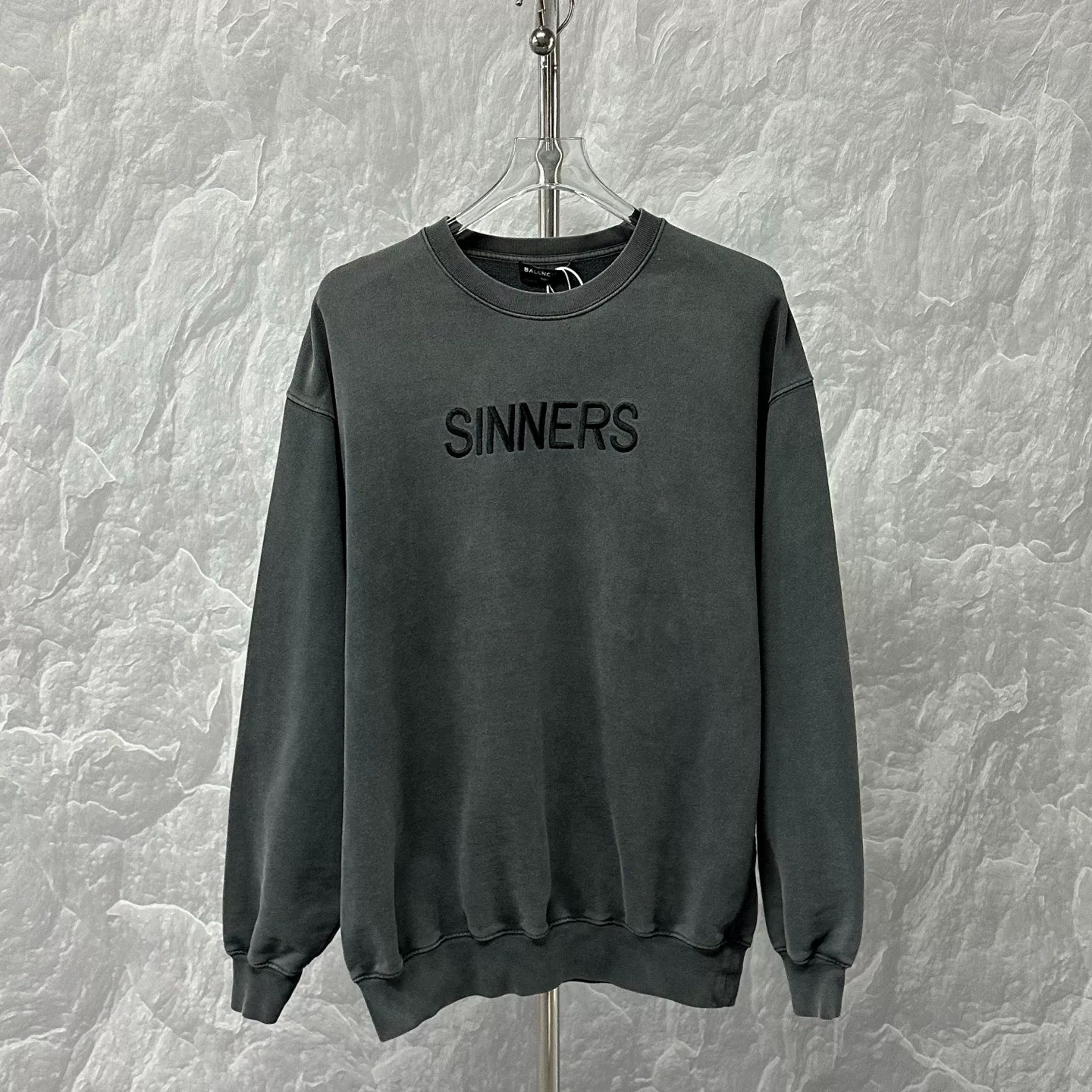 Balenciaga Distressed Washed Gray Embroidered Sweatshirt
