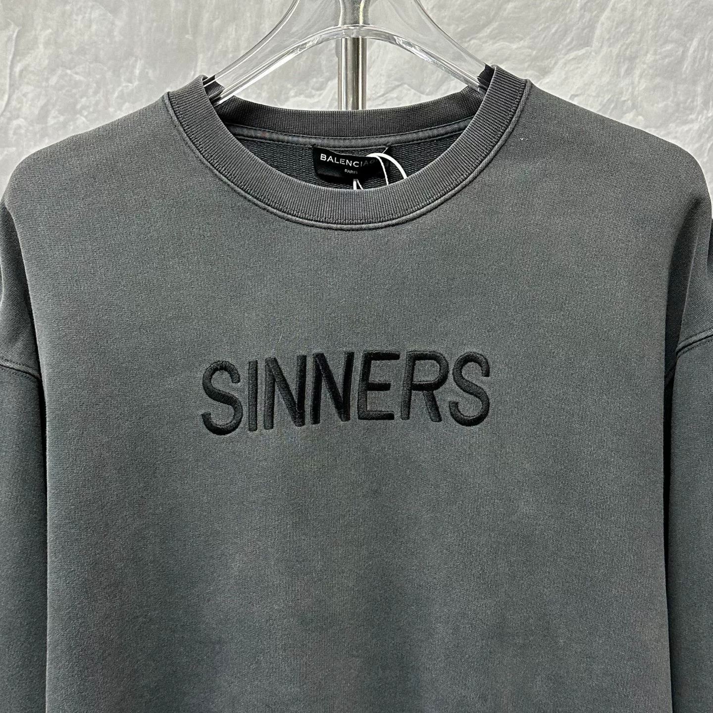 Balenciaga Distressed Washed Gray Embroidered Sweatshirt — front