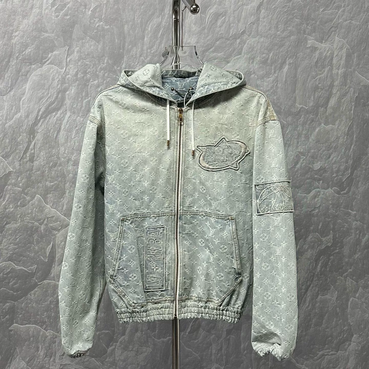 Louis Vuitton NBA Embroidered Hooded Denim Jacket — front