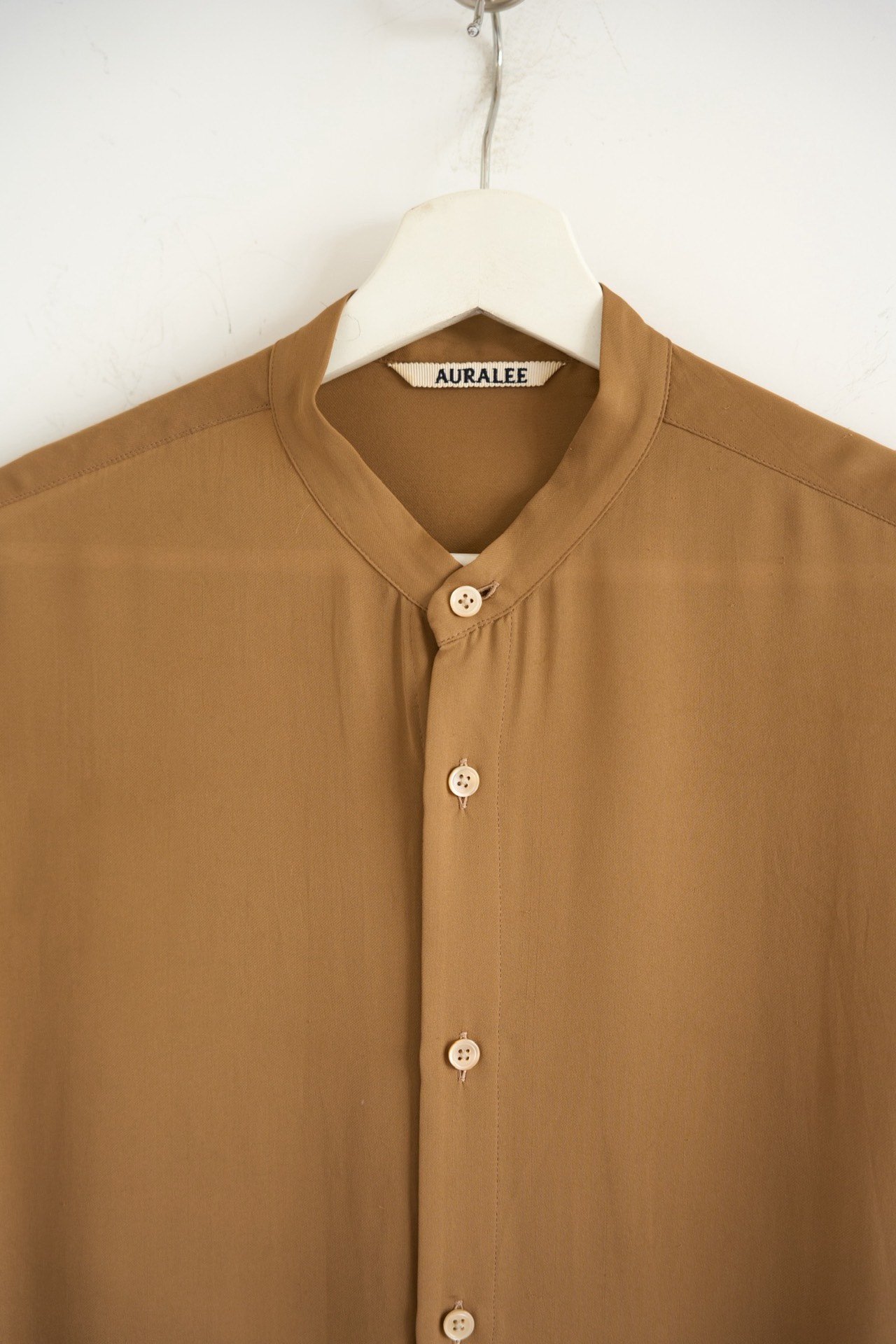 Auralee Light Camel Stand Collar Long Shirt — detail