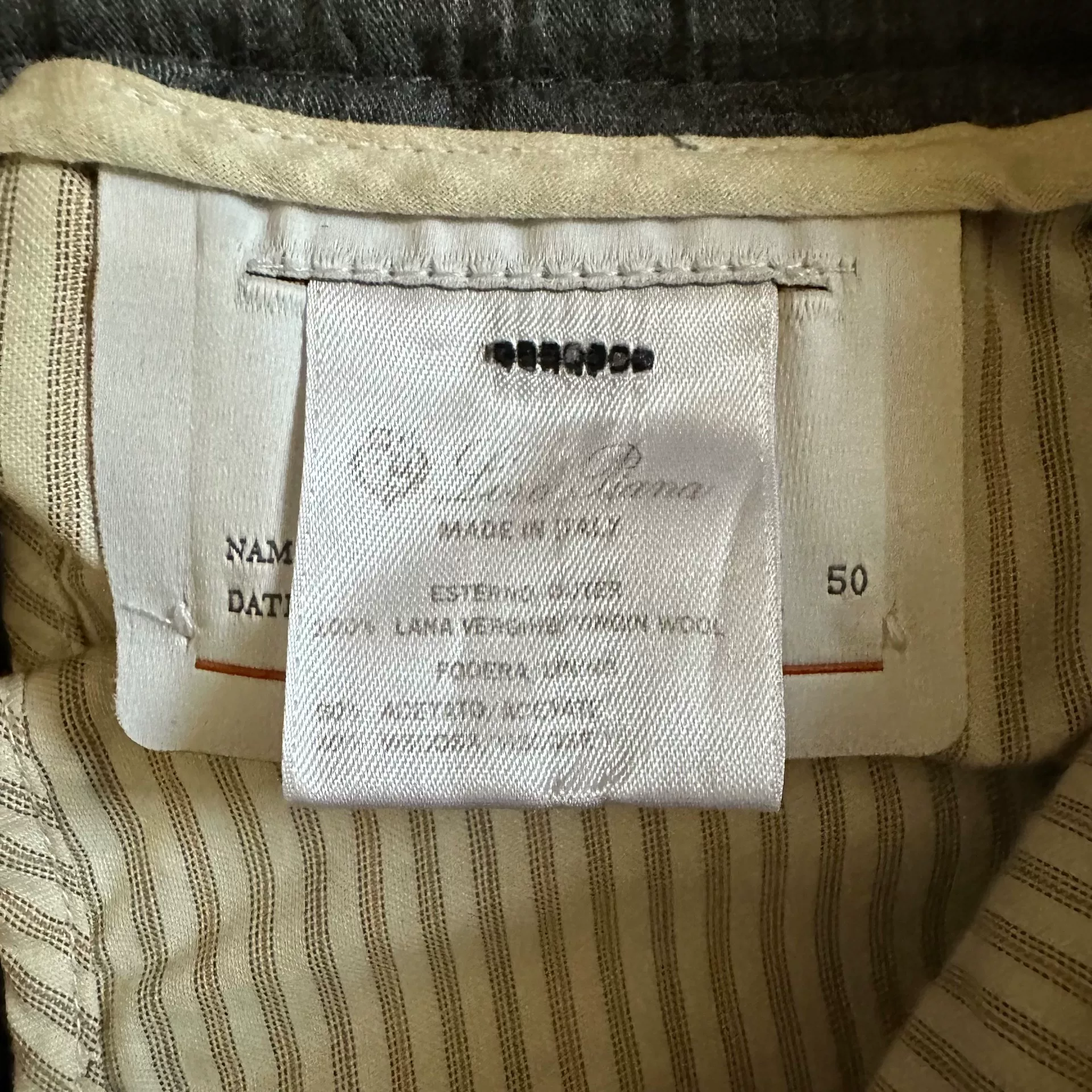 Loro Piana Gray Check Wool Pants — label
