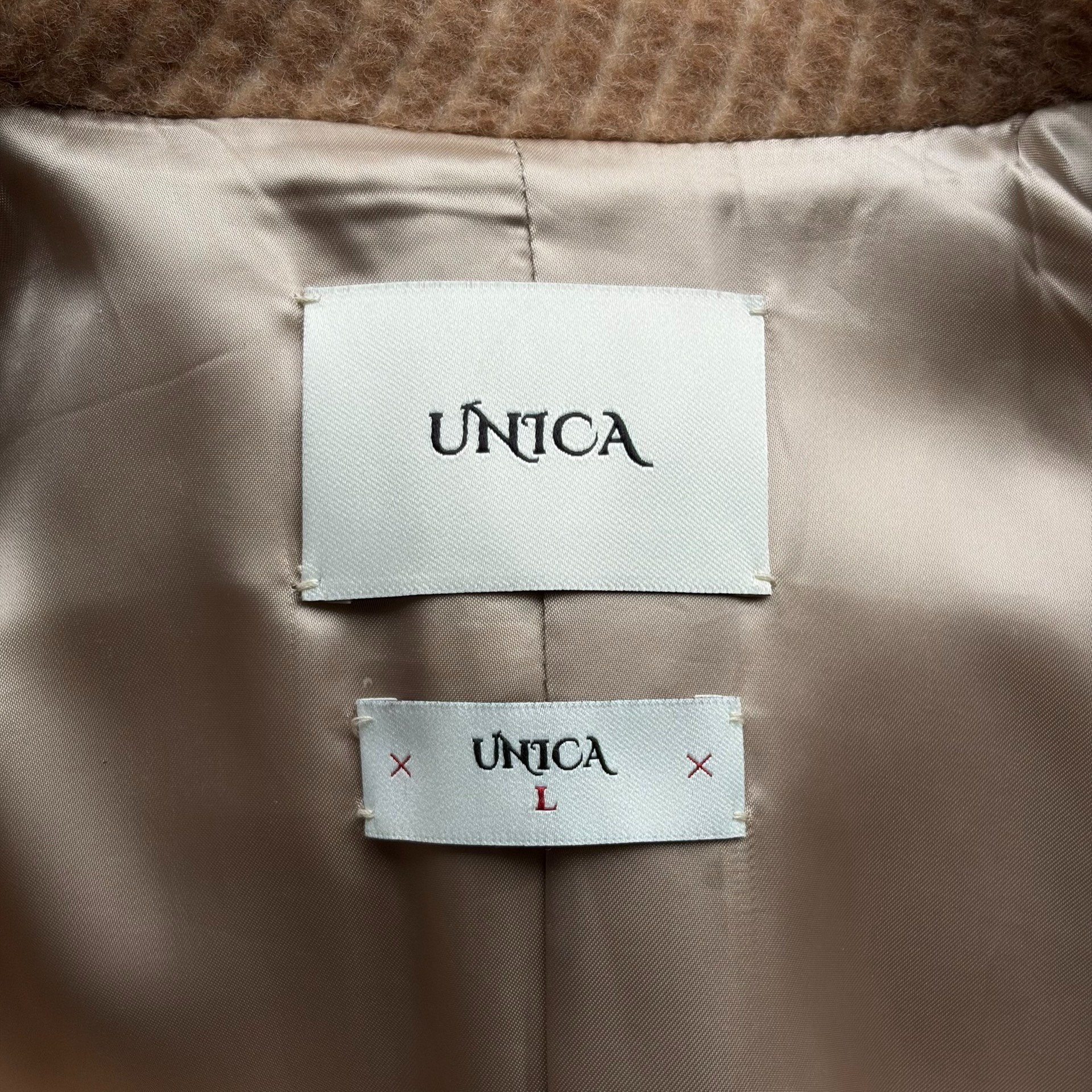 Unica Camel Double-Breasted Coat — label
