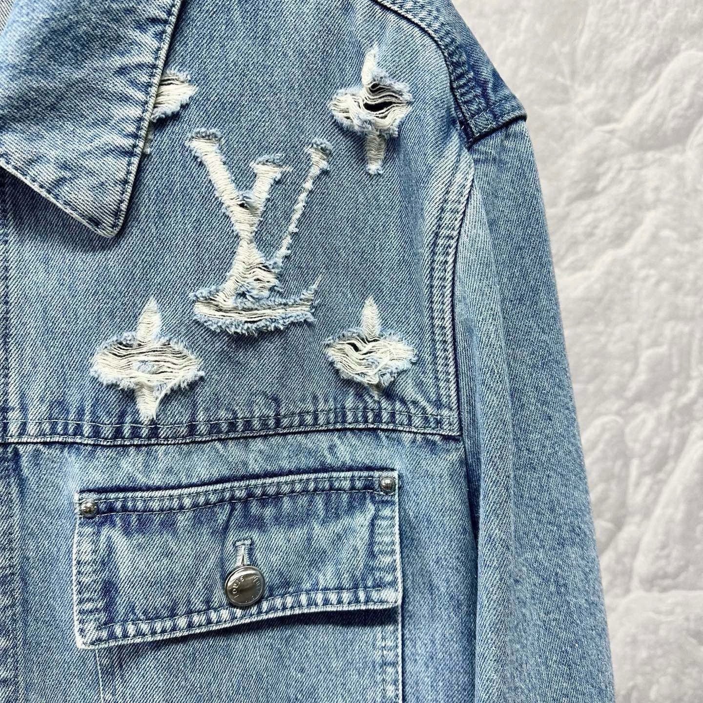 Louis Vuitton SS25 Distressed Logo Denim Jacket — detail