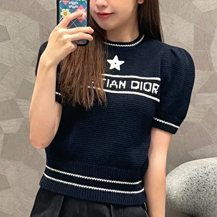 Dior Star Lettering Knit Short-Sleeve Top — front
