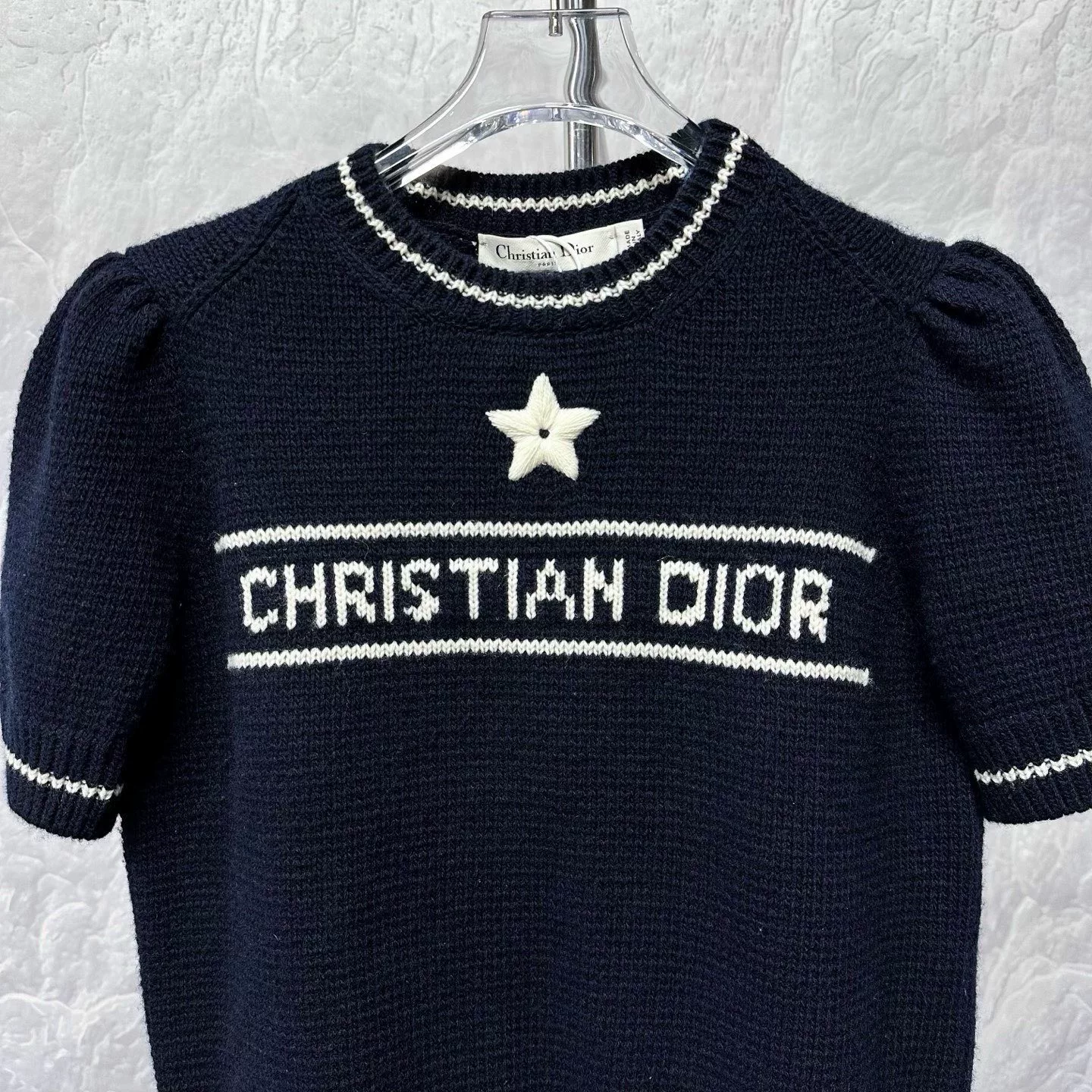 Dior Star Lettering Knit Short-Sleeve Top — label