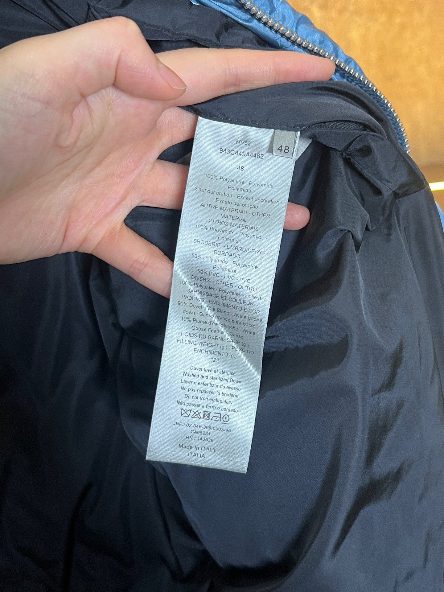 Dior Blue All-Over Print Down Jacket — label