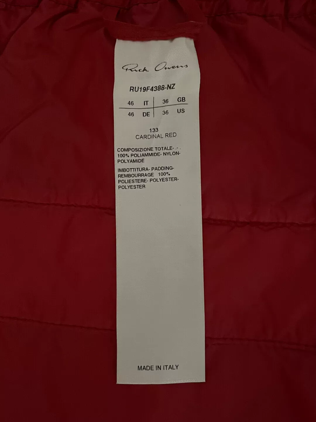 Rick Owens Red Ankle Zip Jerry Pants — label