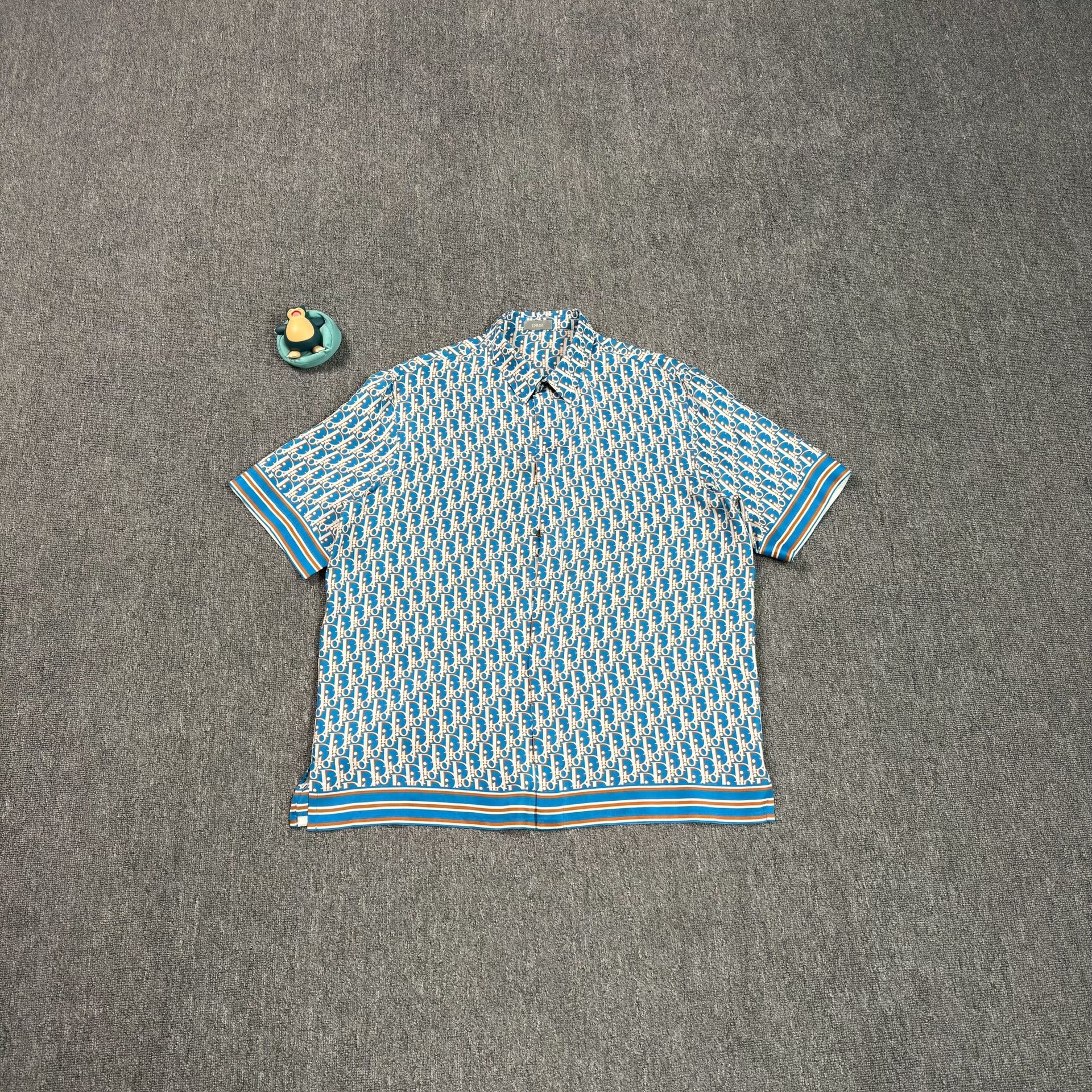 Dior Blue Logo Print Short-Sleeve Shirt