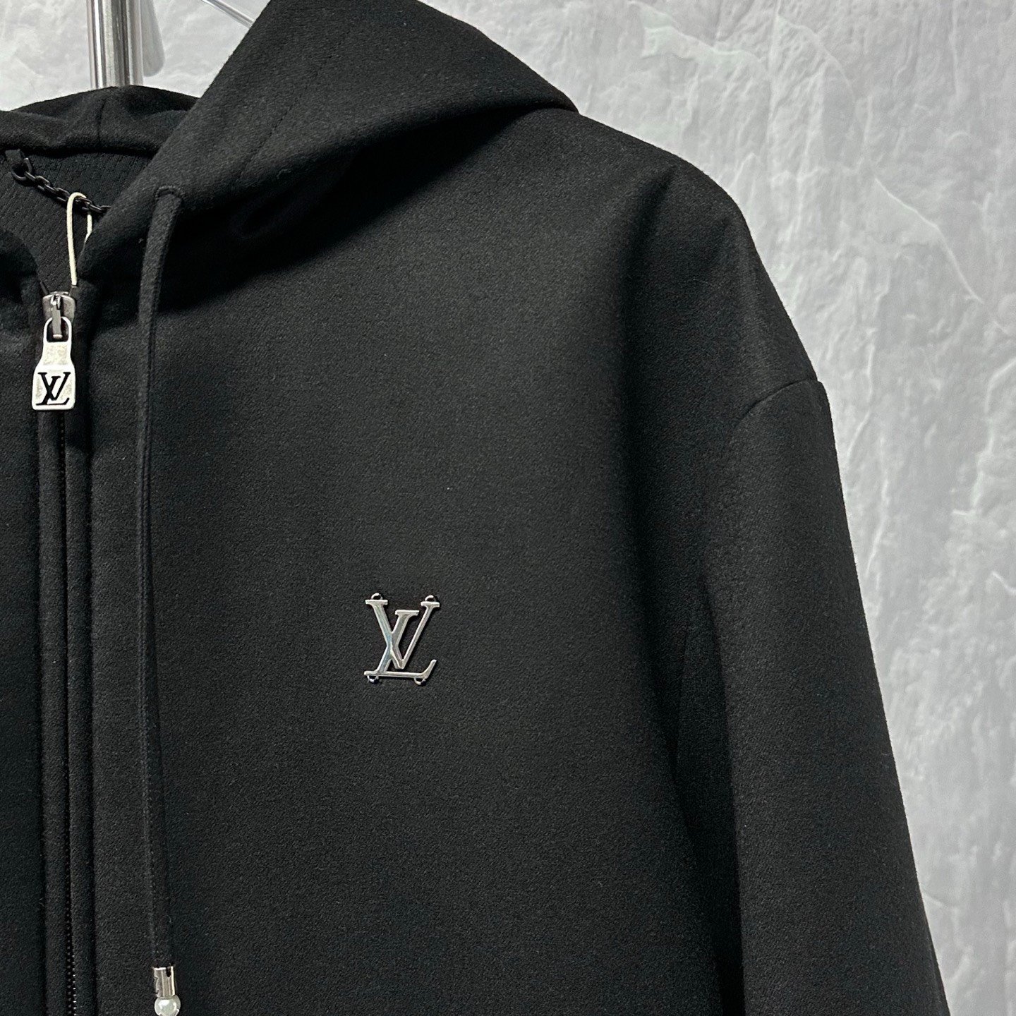Louis Vuitton SS26 Metal Logo Hooded Wool Jacket — detail