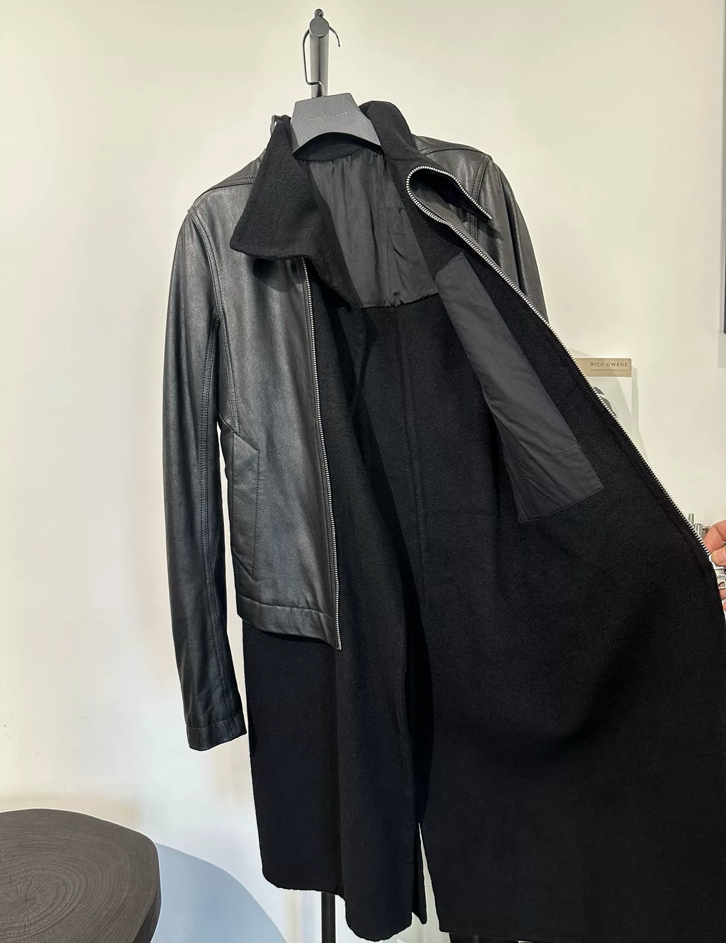 Rick Owens Leather Wool Mid-Length Coat — detail