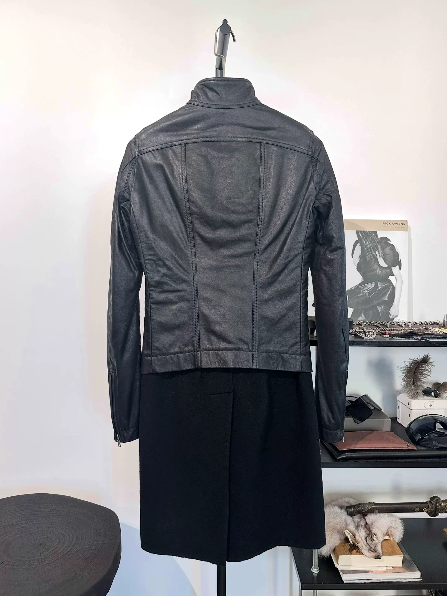 Rick Owens Leather Wool Mid-Length Coat — front