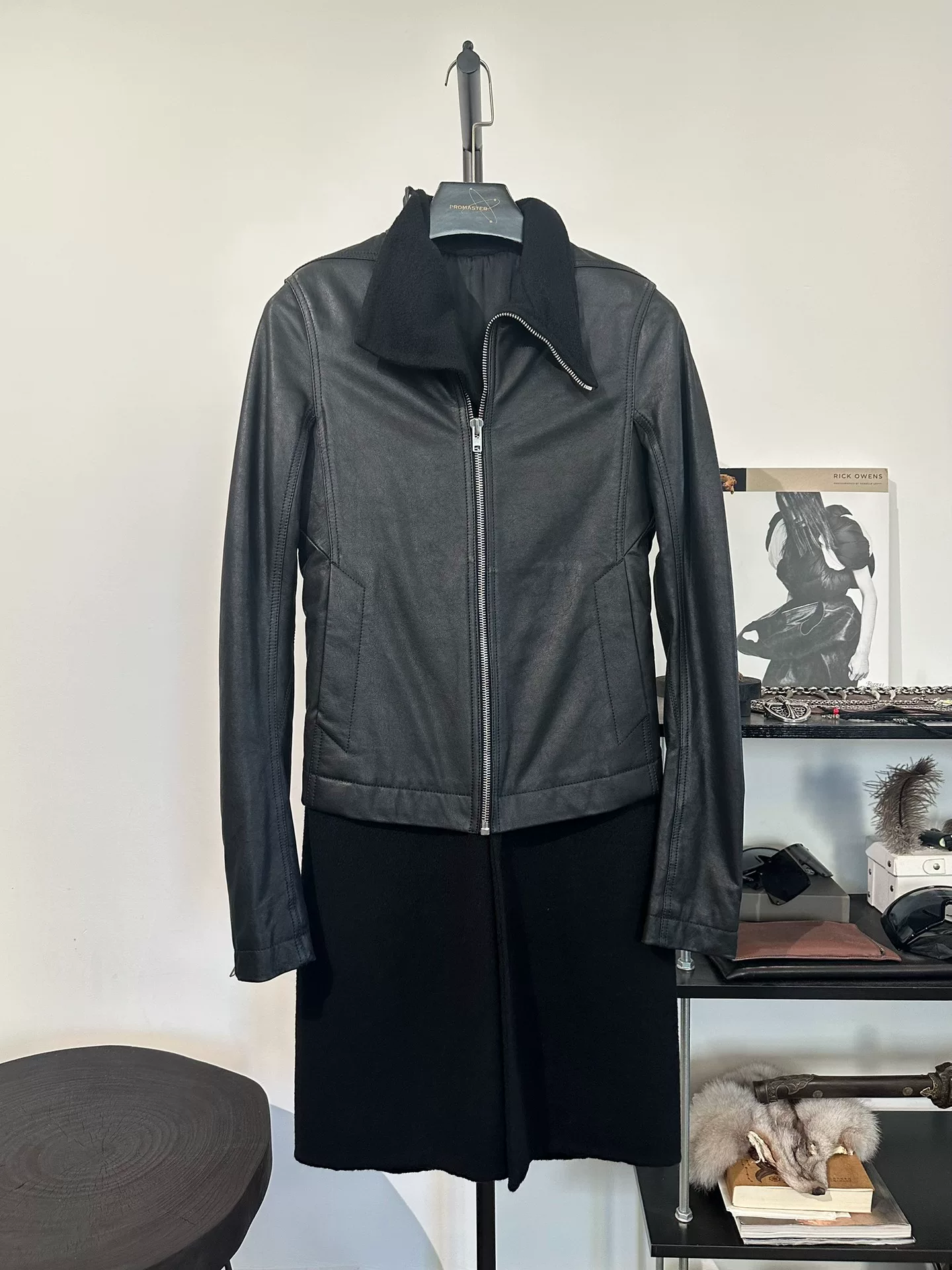 Rick Owens Leather Wool Mid-Length Coat