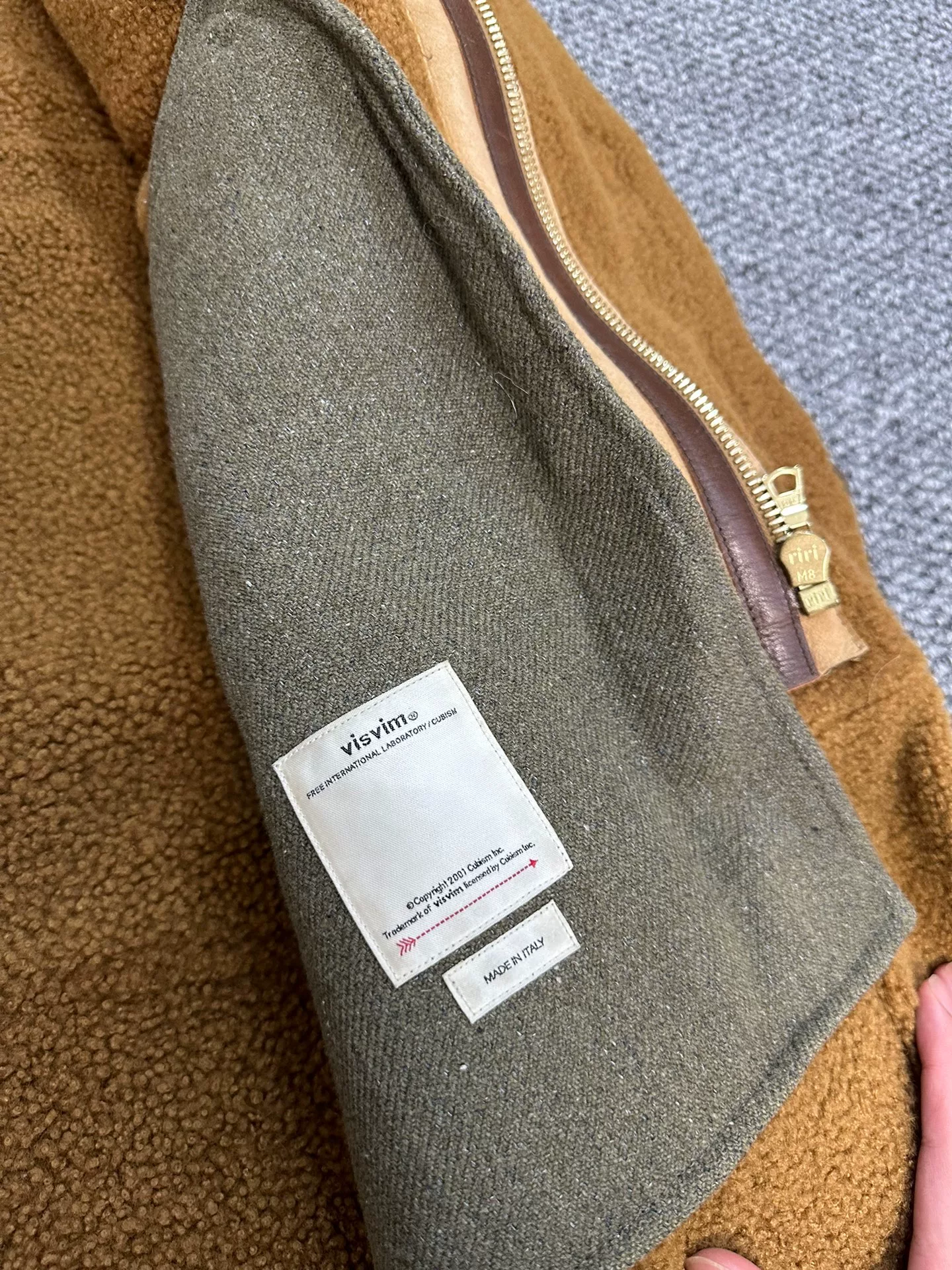 visvim Hudson Shearling Sheepskin Coat — label
