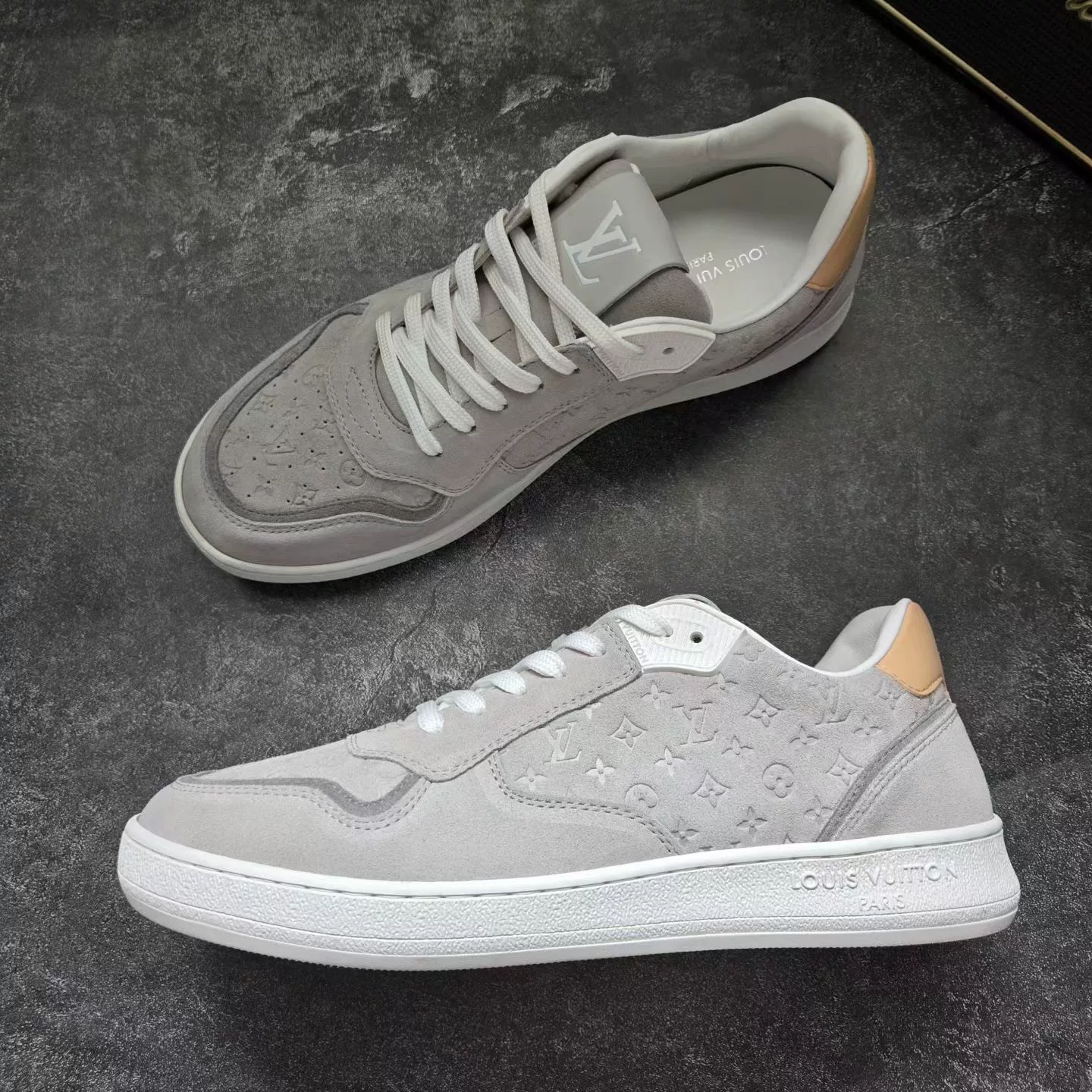Louis Vuitton Gray White Embossed Sneakers — back