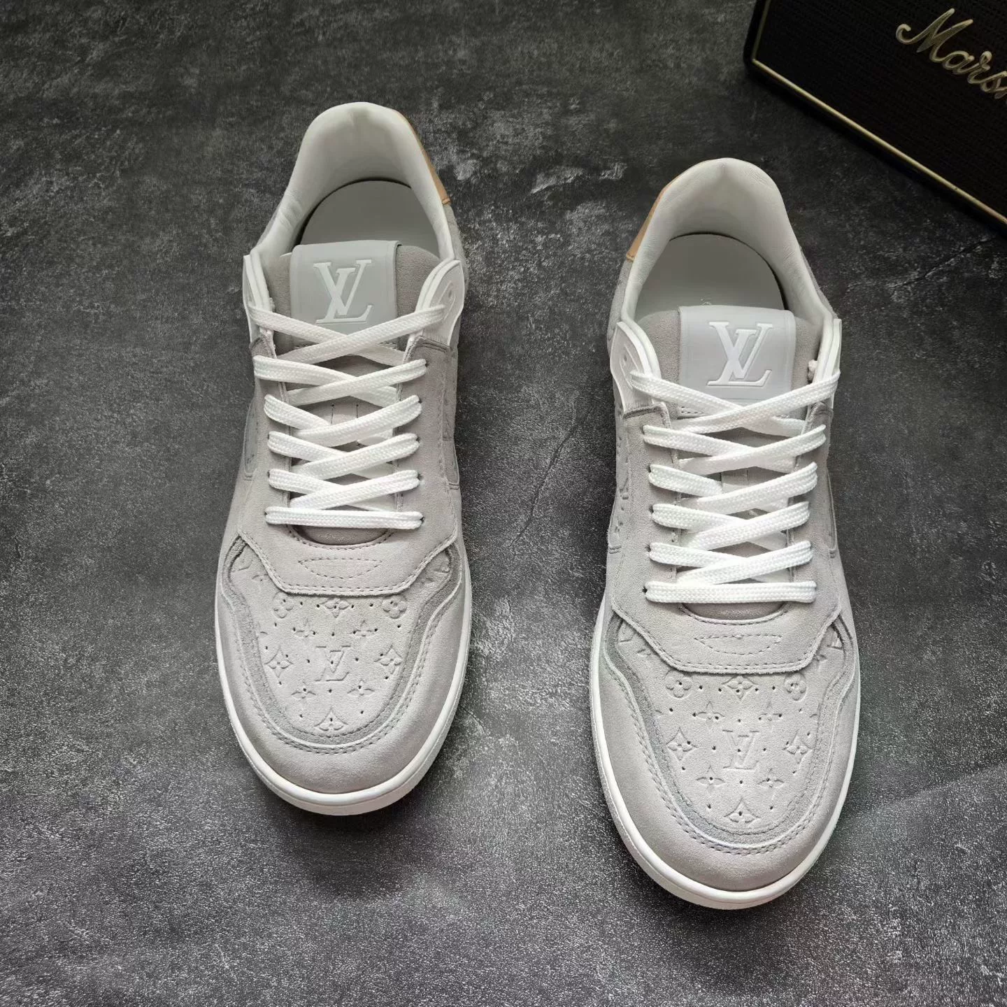 Louis Vuitton Gray White Embossed Sneakers — front