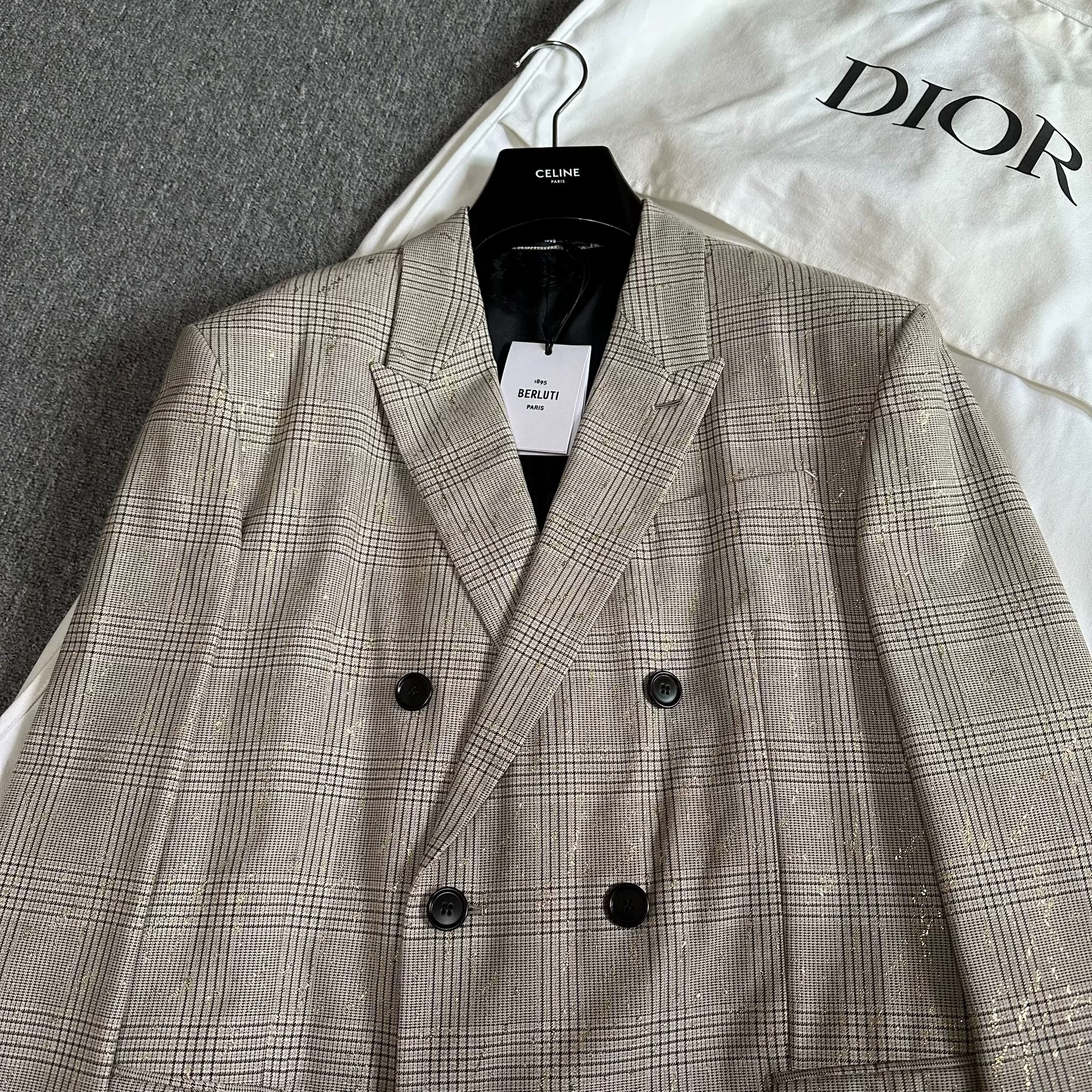 Berluti Beige Plaid Gold Thread Suit Jacket — detail