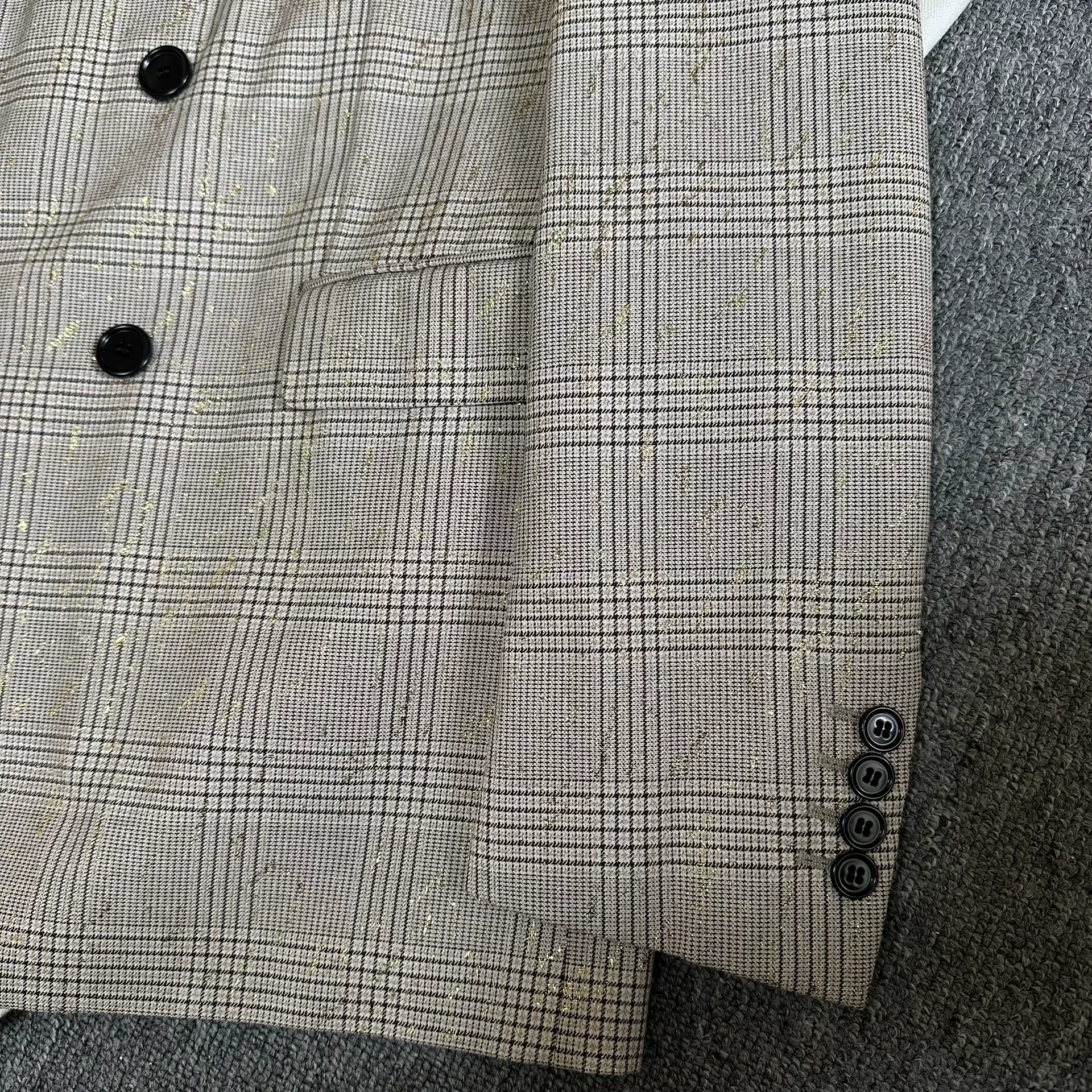 Berluti Beige Plaid Gold Thread Suit Jacket — front