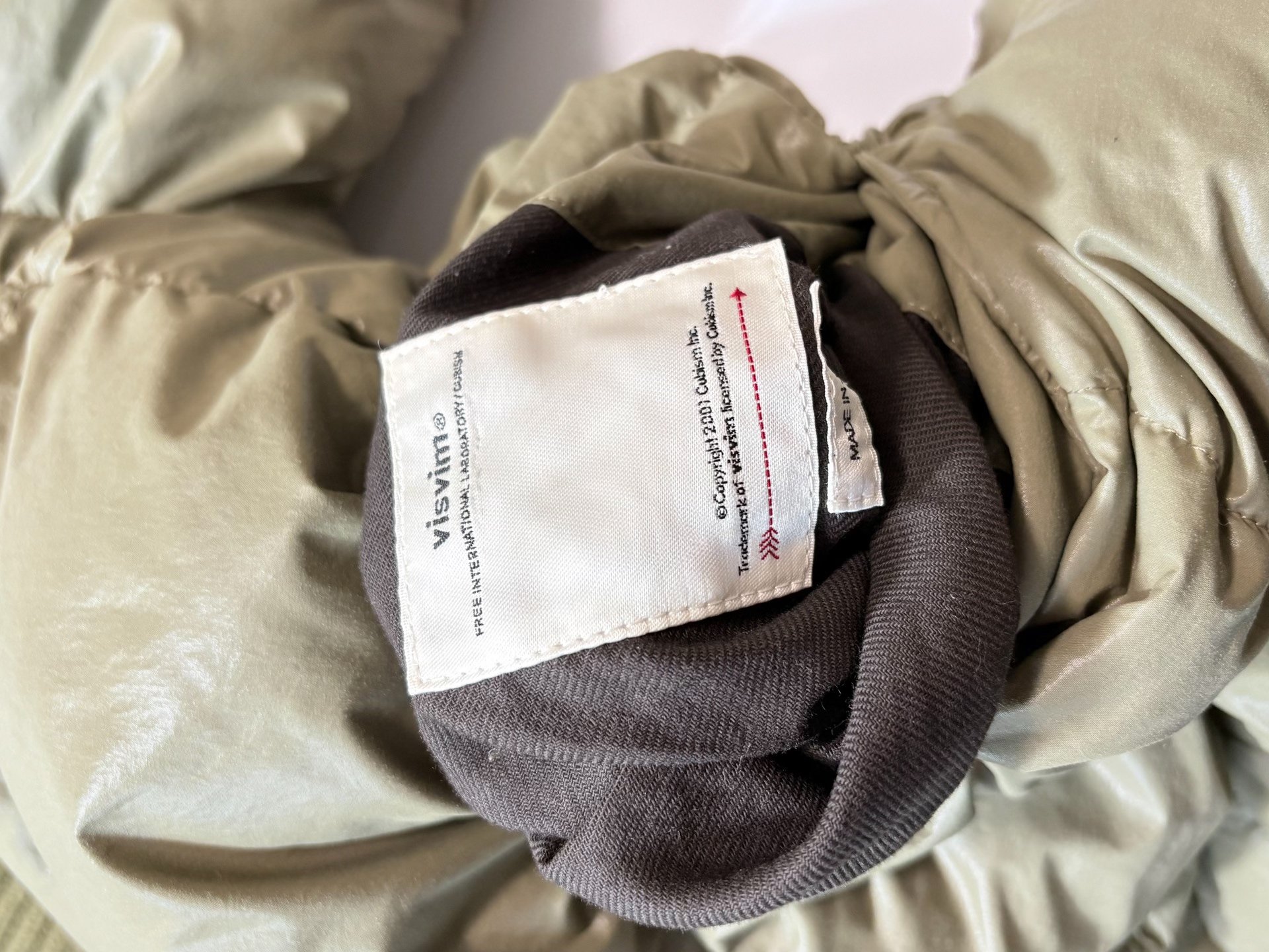 VISVIM Yukata Down Mud-Dyed Robe — label