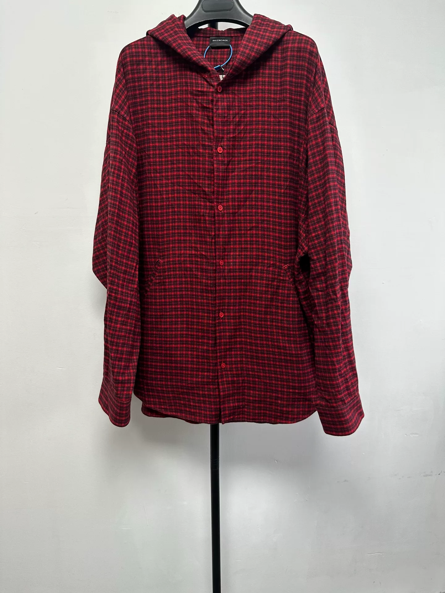 Balenciaga Red Black Checkered Hooded Shirt