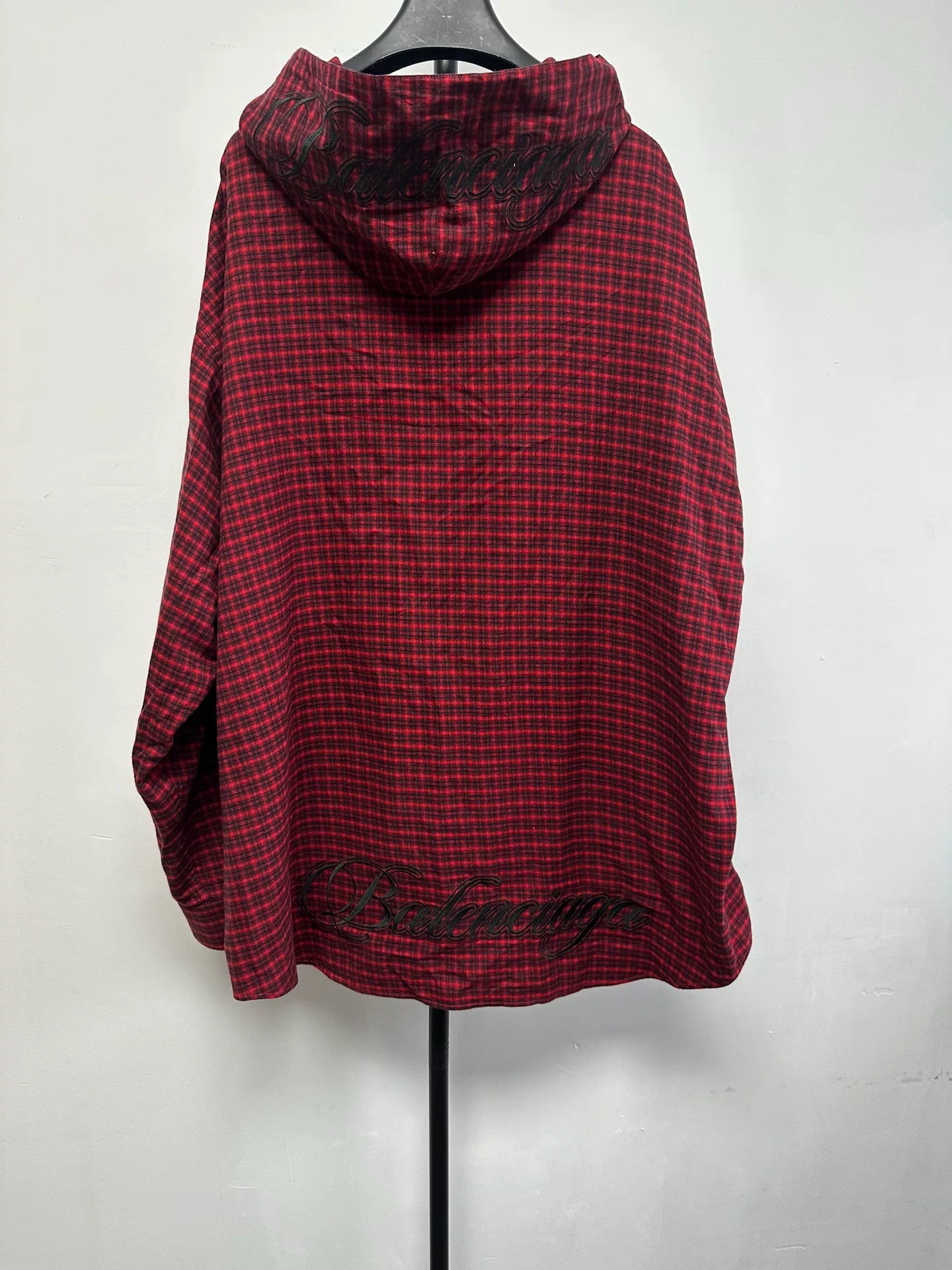 Balenciaga Red Black Checkered Hooded Shirt — front