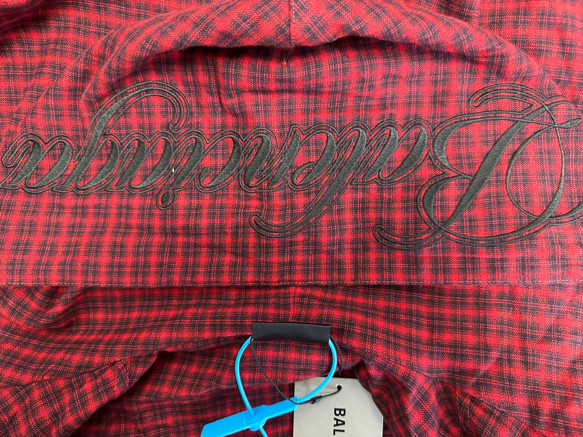 Balenciaga Red Black Checkered Hooded Shirt — detail